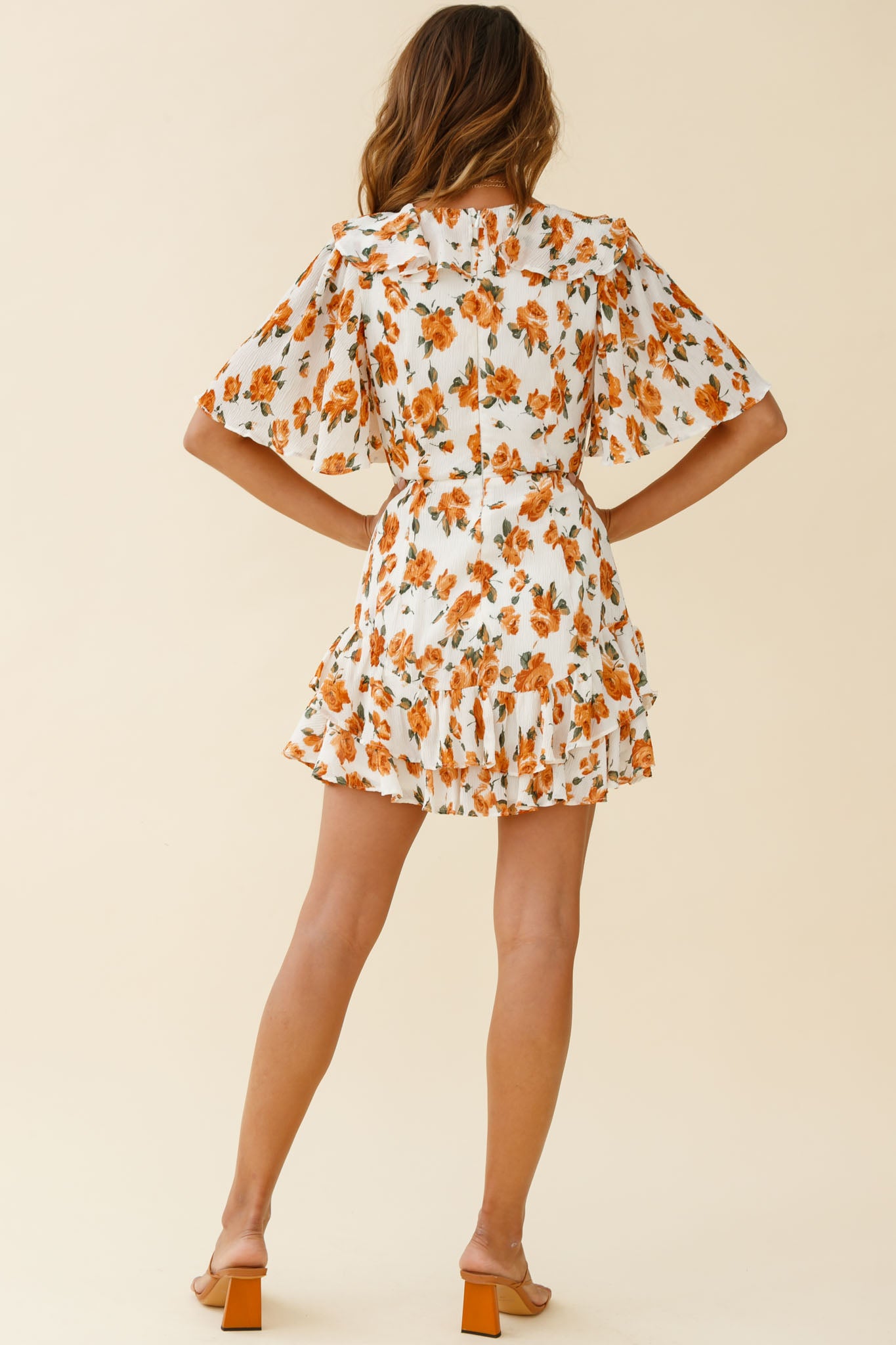 Mona Lisa Angel Sleeve Ruffle Trim Dress Rose Print Dress White/Tan-Maymioy