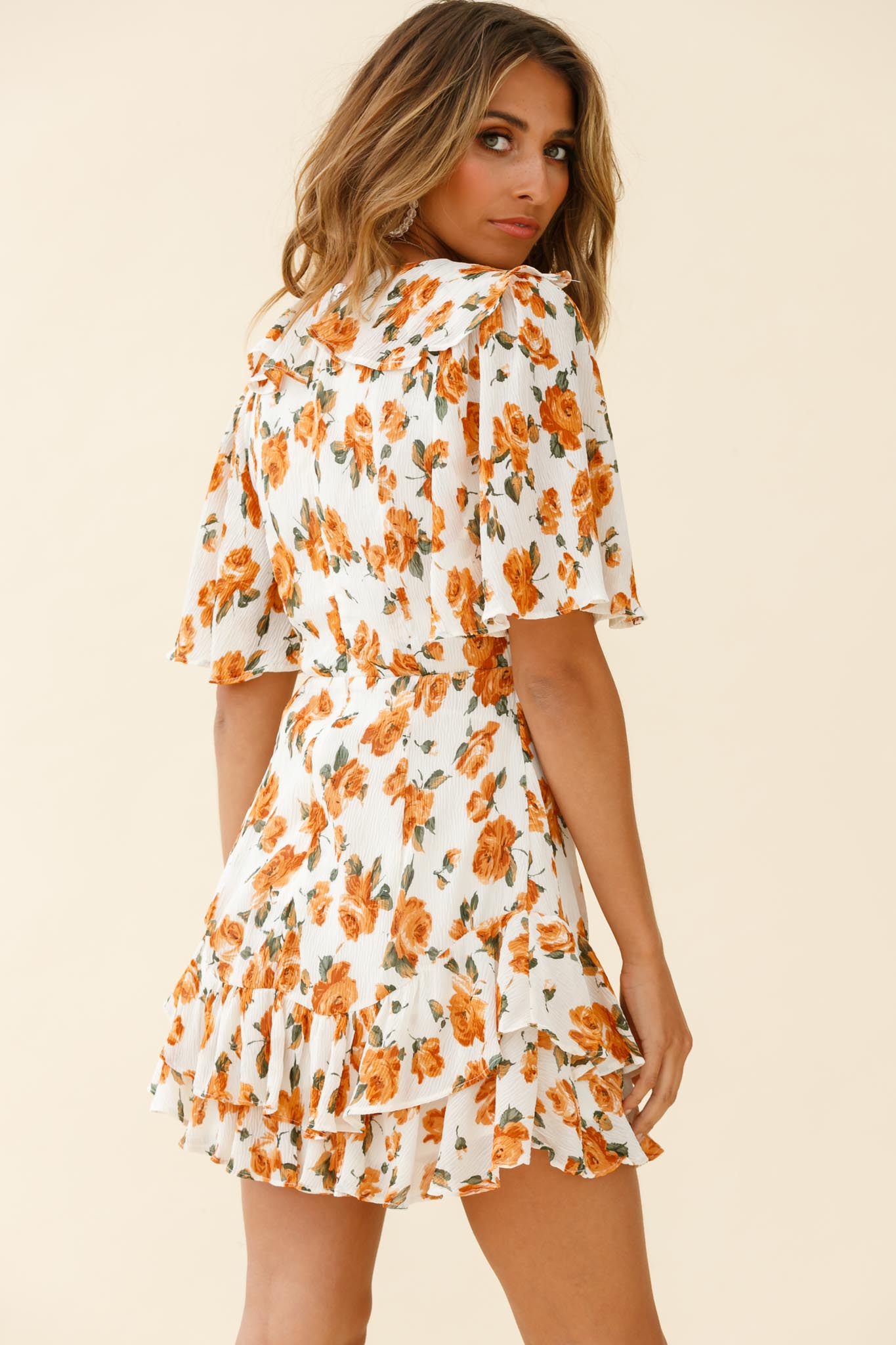 Mona Lisa Angel Sleeve Ruffle Trim Dress Rose Print Dress White/Tan-Maymioy