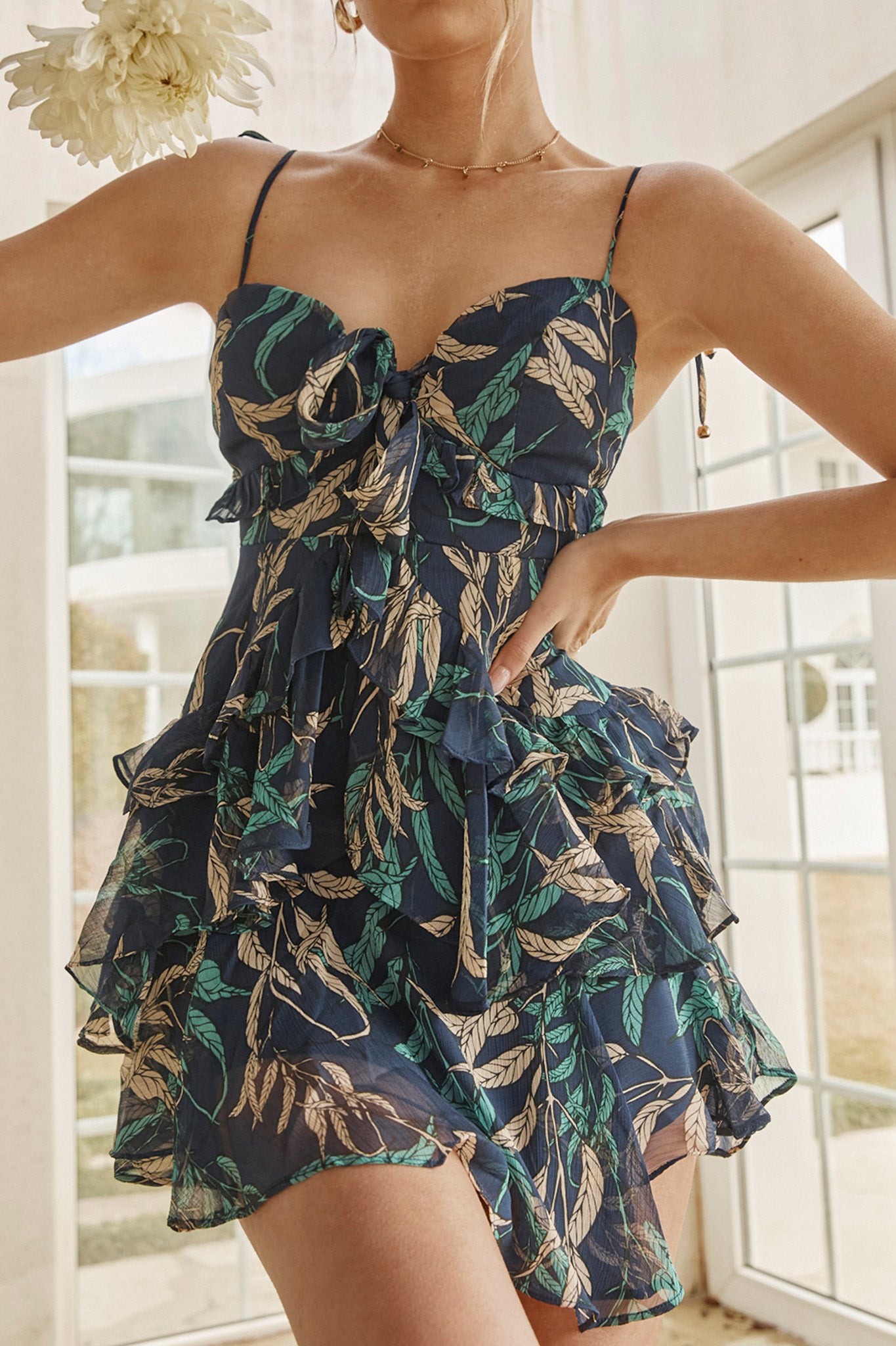 Flower Child Bust Tie Ruffle Trim Dress Leaf Print Navy-Maymioy