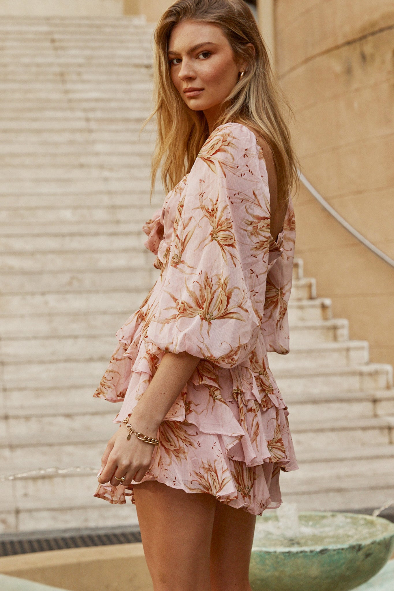 Flower Child Three Quarter Sleeve Bust Tie Ruffle Dress Lily Print Pink-Maymioy