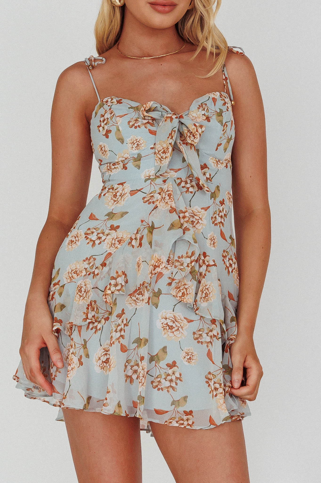 Flower Child Bust Tie Ruffle Trim Dress Roses Blue-Maymioy