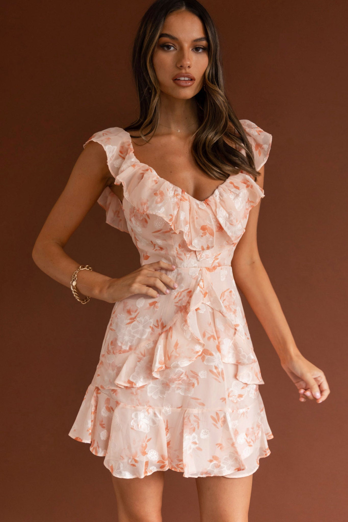 Flower Child Frill V-Neckline Dress Floral Blush-Maymioy