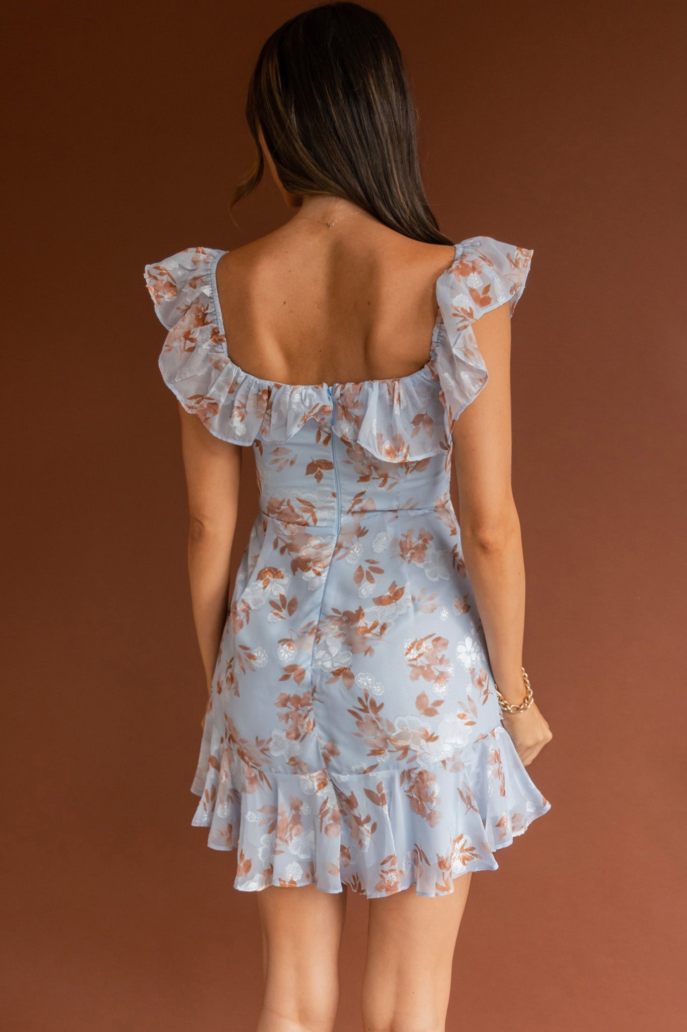 Flower Child Frill V-Neckline Dress Floral Blue-Maymioy