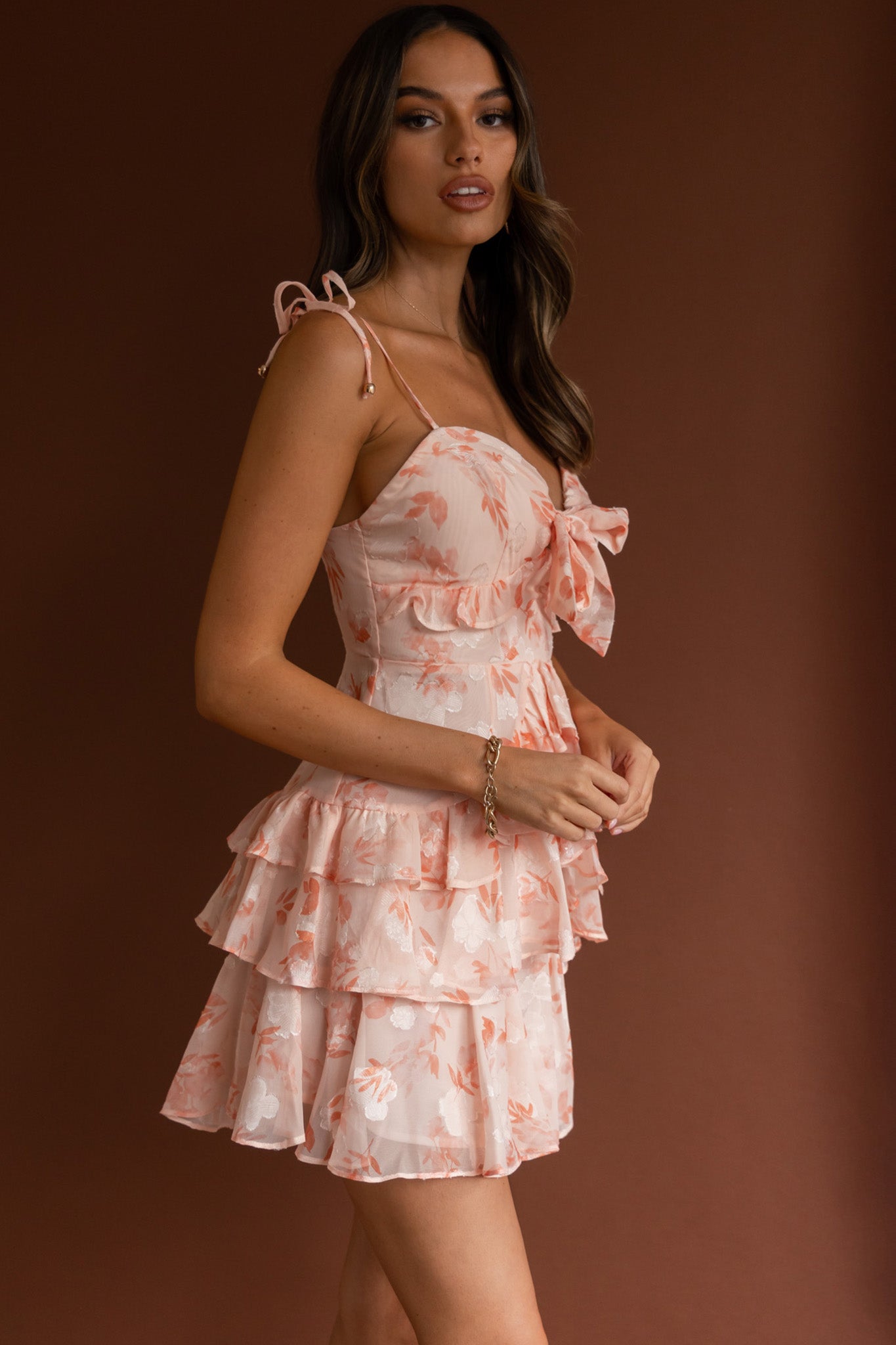 Flower Child Bust Tie Ruffle Trim Dress Floral Peach-Maymioy