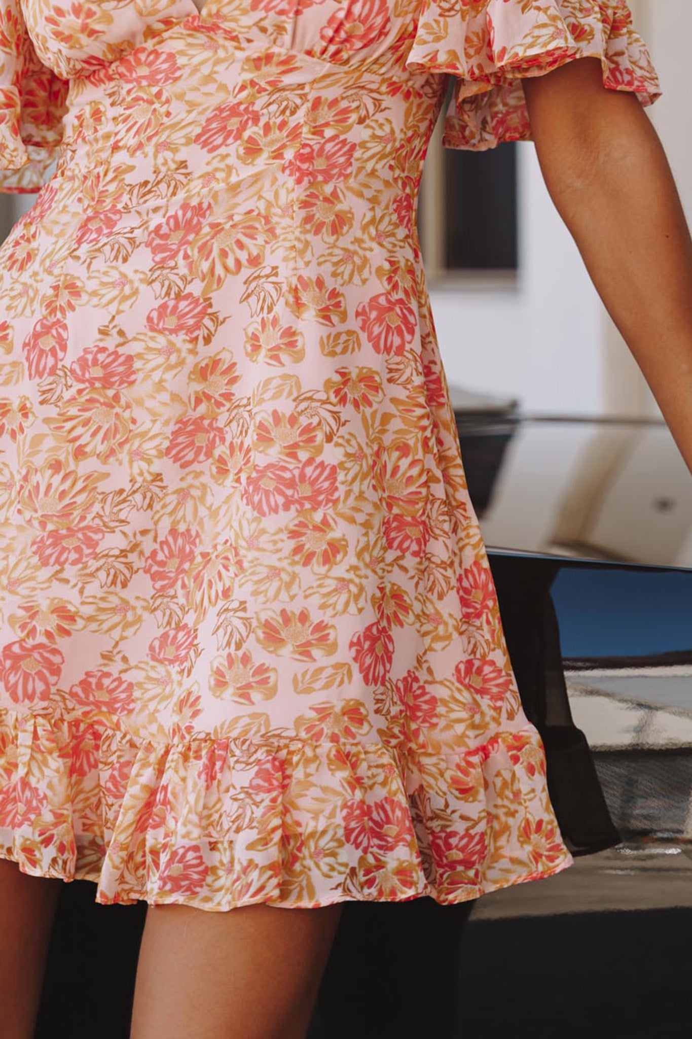 Sally Angel Sleeve Open Back Dress Floral Print Pink-Maymioy