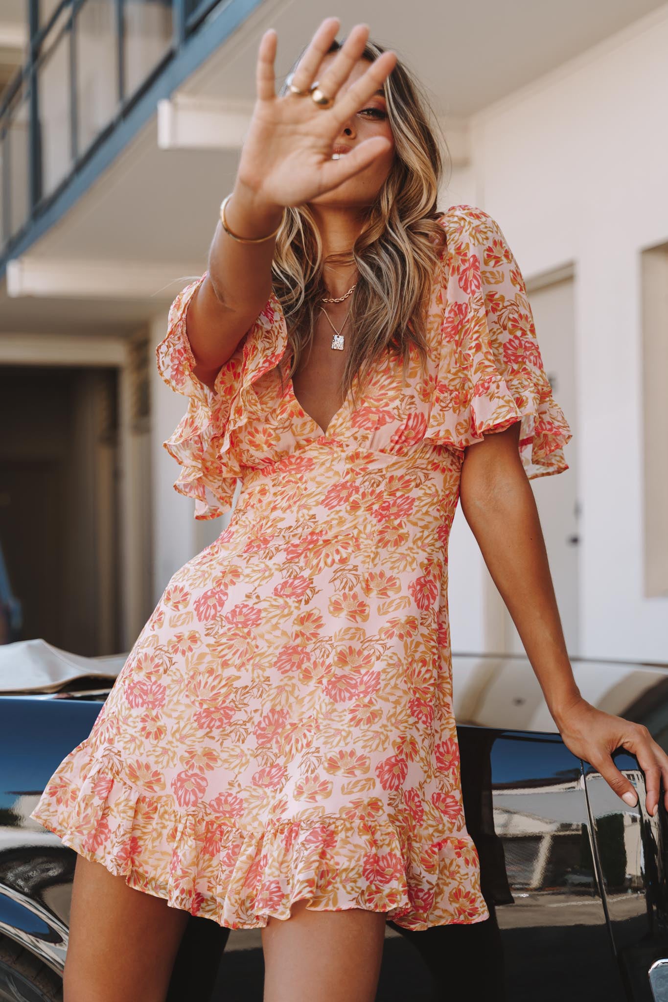 Sally Angel Sleeve Open Back Dress Floral Print Pink-Maymioy