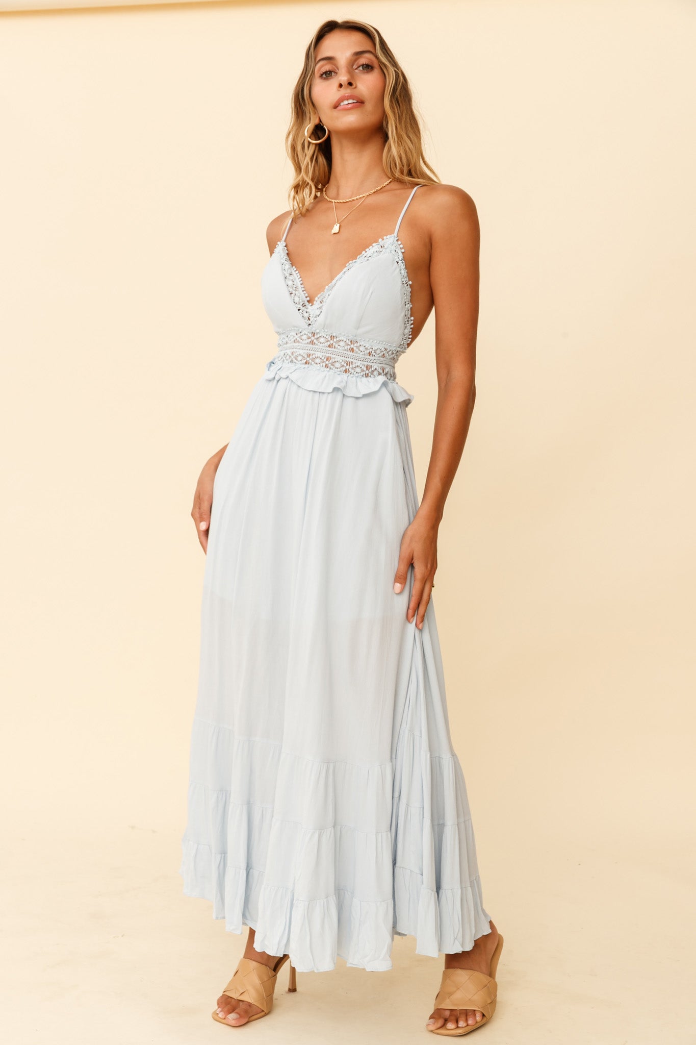 Desert Rose Crochet Tie-Up Back Maxi Dress Ice Blue-Maymioy