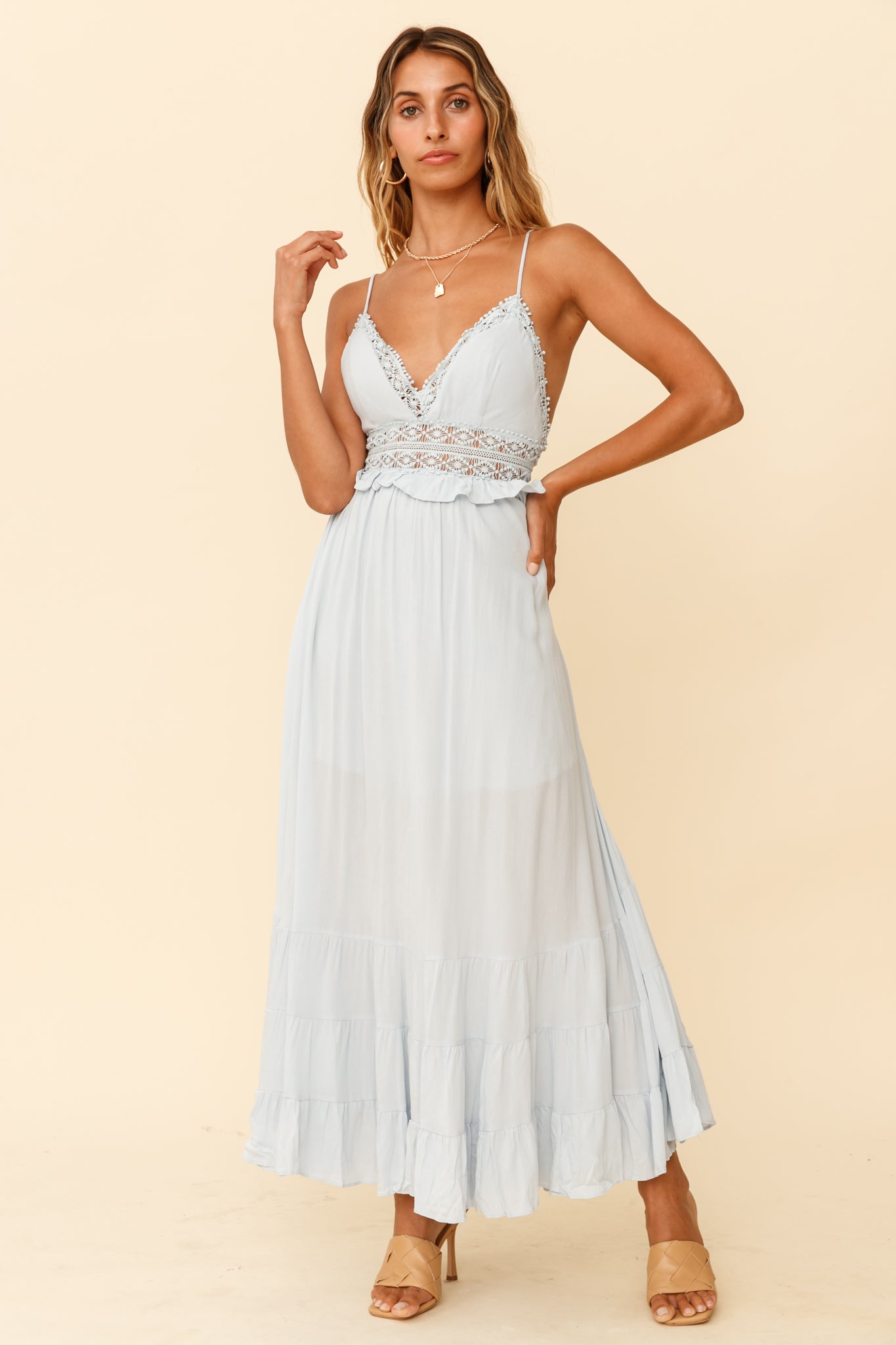 Desert Rose Crochet Tie-Up Back Maxi Dress Ice Blue-Maymioy