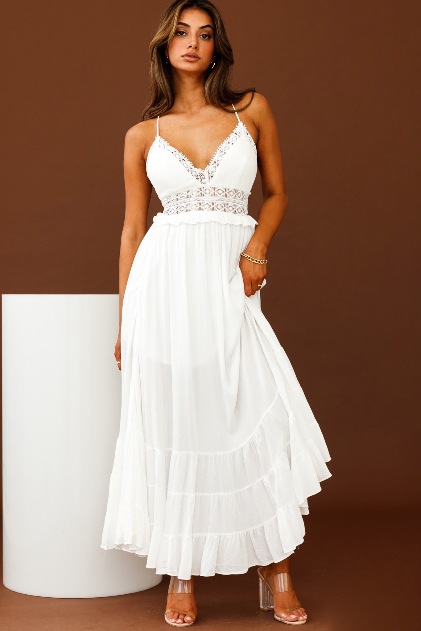 Desert Rose Crochet Tie-Up Back Maxi Dress White-Maymioy