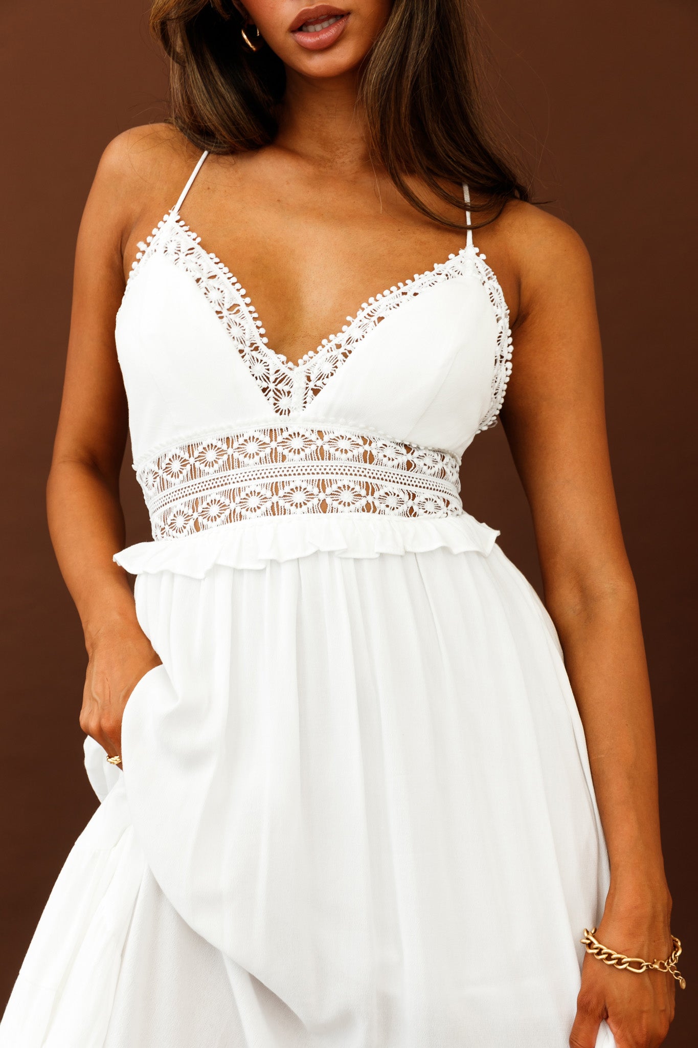 Desert Rose Crochet Tie-Up Back Maxi Dress White-Maymioy