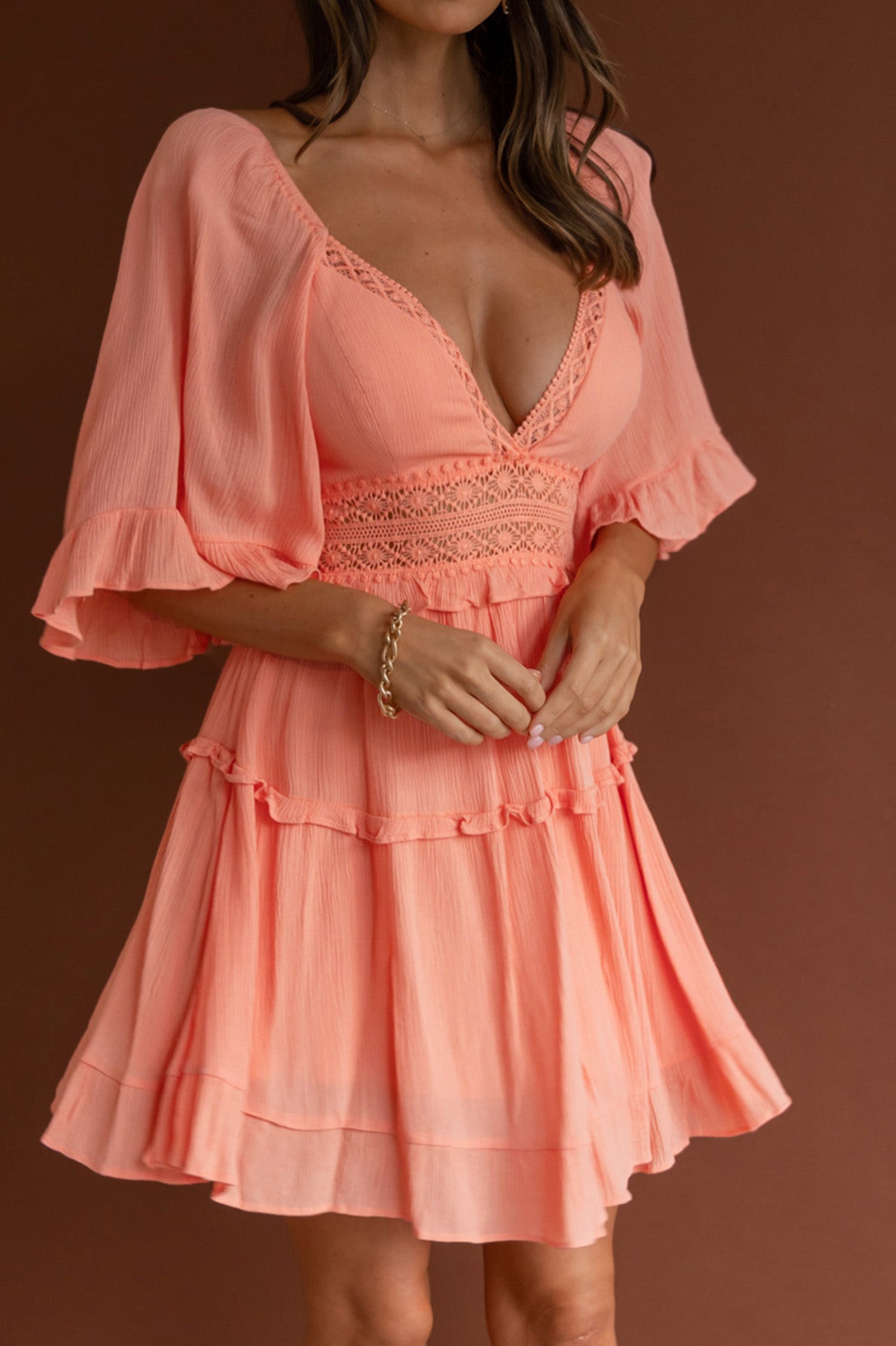 Desert Rose Bell Sleeve Mini Dress Blush-Maymioy