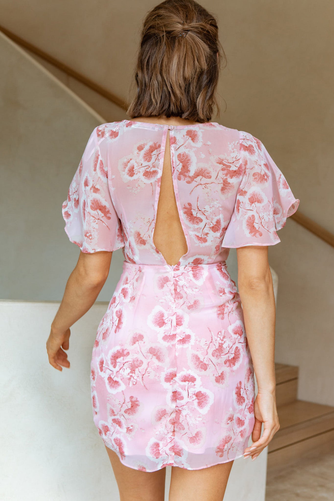 Dionne Angel Sleeve Twist Detail Dress Botanic Print Pink/Rose-Maymioy