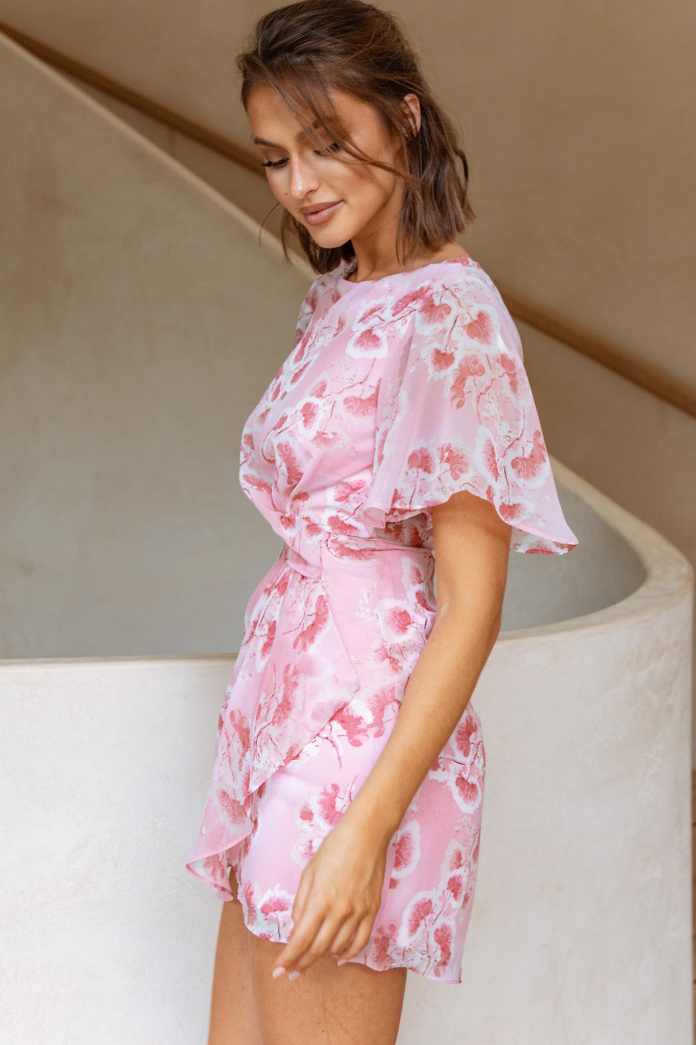 Dionne Angel Sleeve Twist Detail Dress Botanic Print Pink/Rose-Maymioy