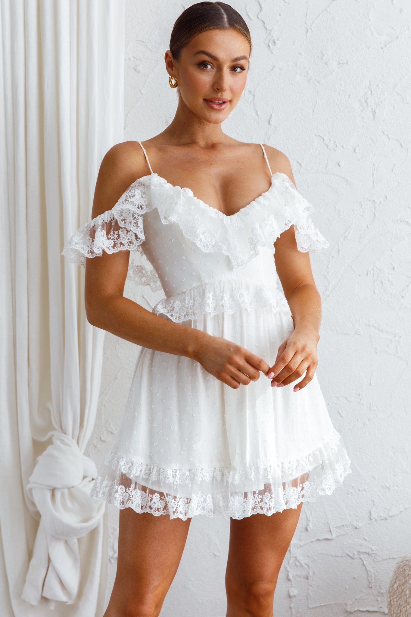 Good Morning Sunshine Off Shoulder Lace Frill Trim Mini Dress White-Maymioy