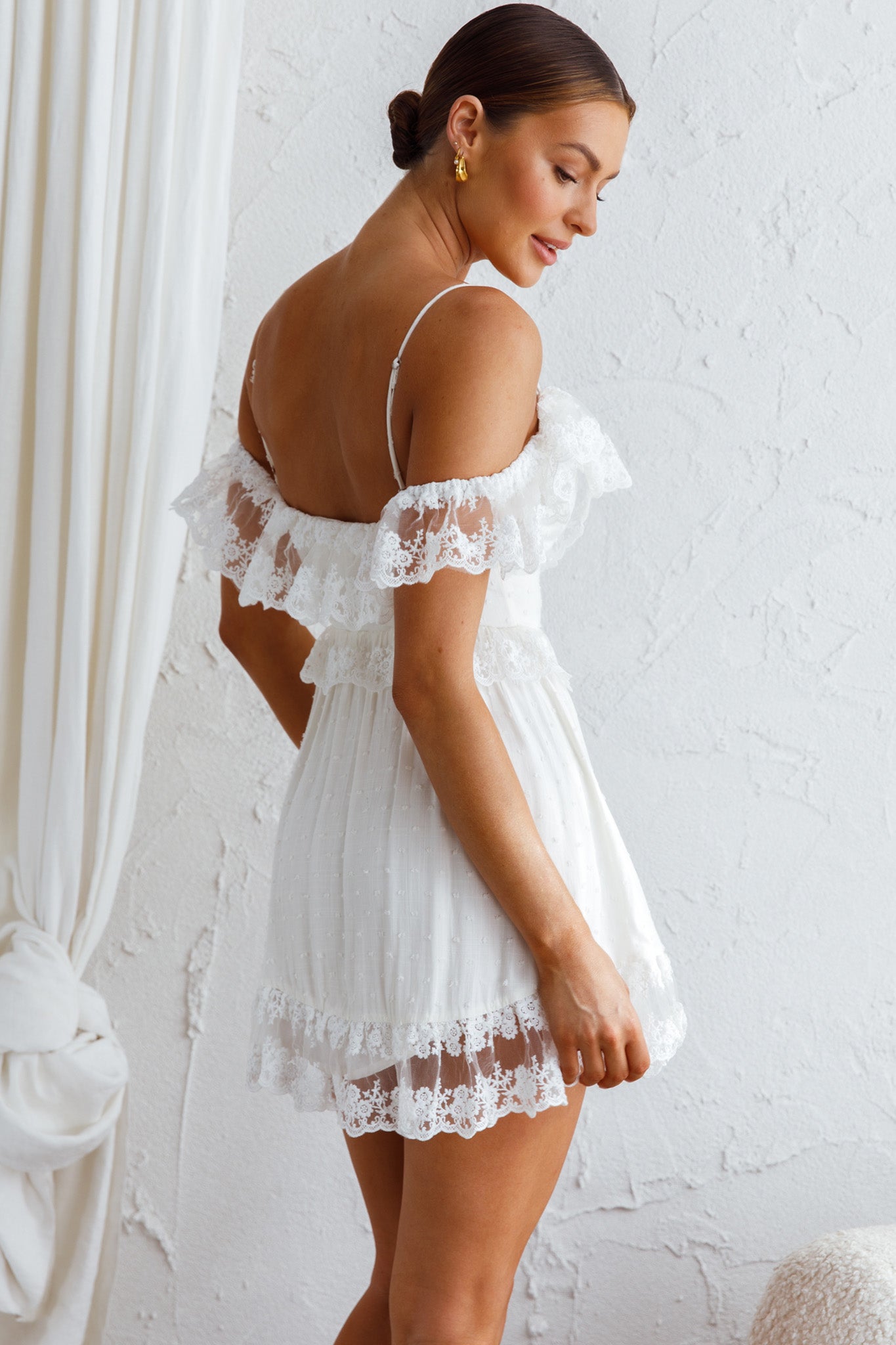 Good Morning Sunshine Off Shoulder Lace Frill Trim Mini Dress White-Maymioy