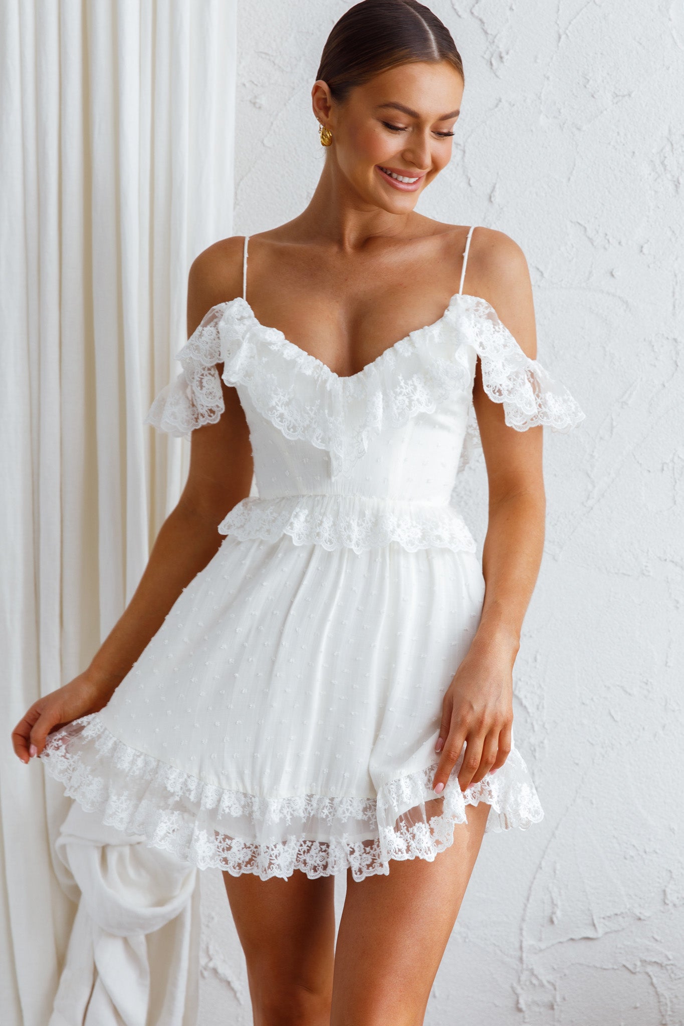 Good Morning Sunshine Off Shoulder Lace Frill Trim Mini Dress White-Maymioy
