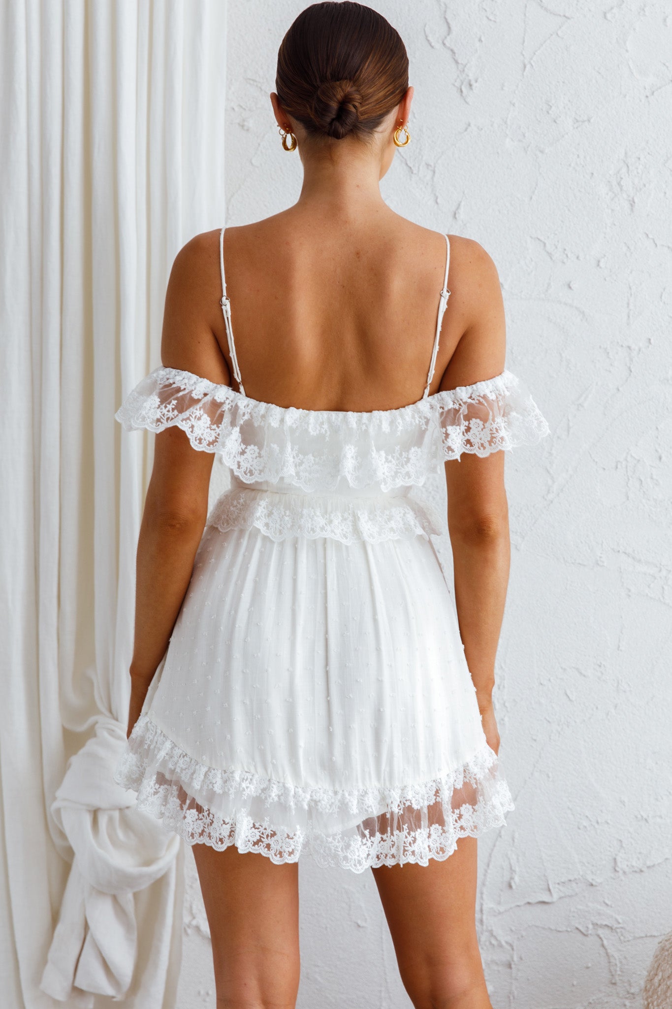 Good Morning Sunshine Off Shoulder Lace Frill Trim Mini Dress White-Maymioy