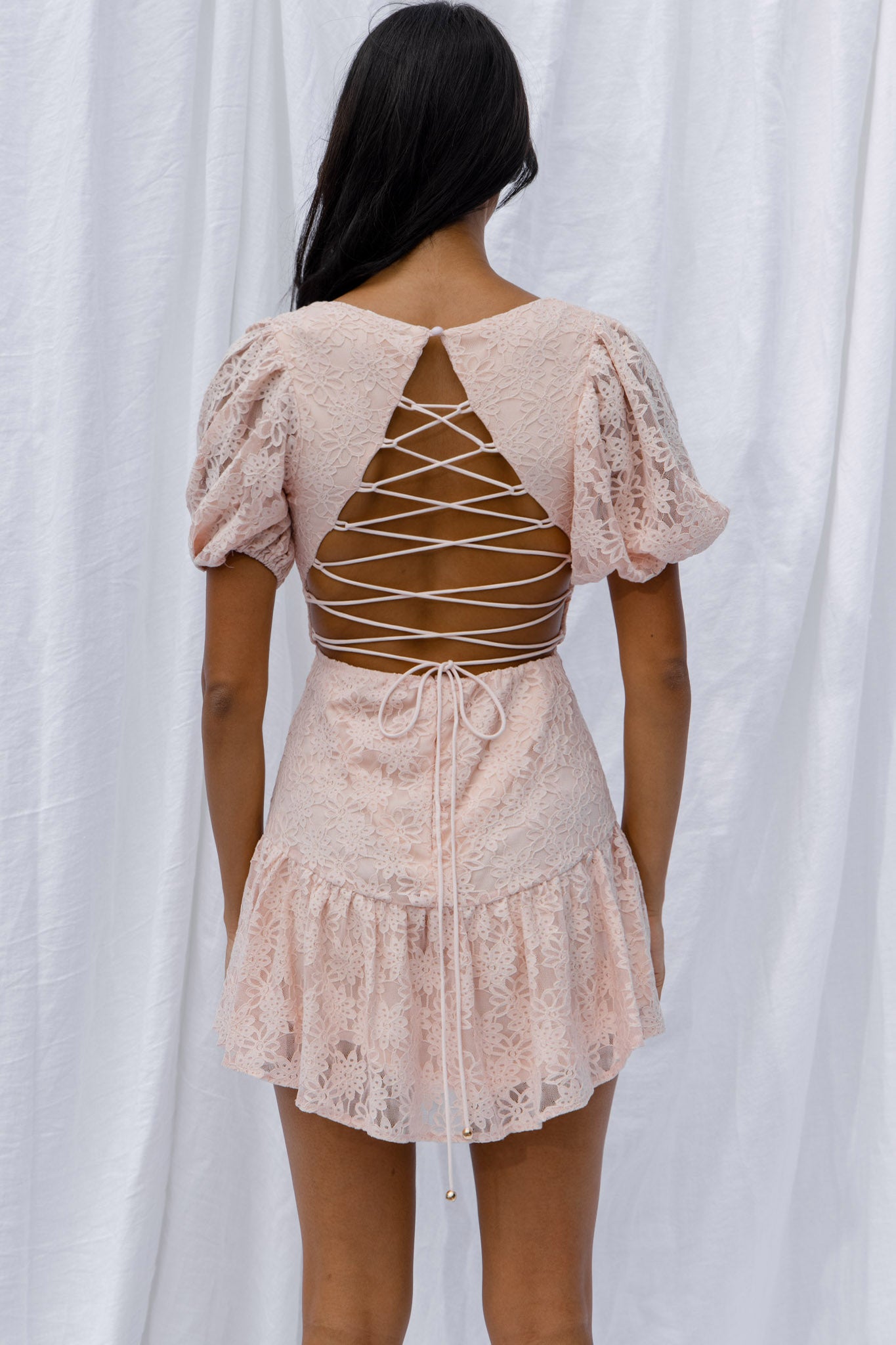 Petite Cherie Puff Sleeve Lace-Up Back Dress Lace Blush-Maymioy