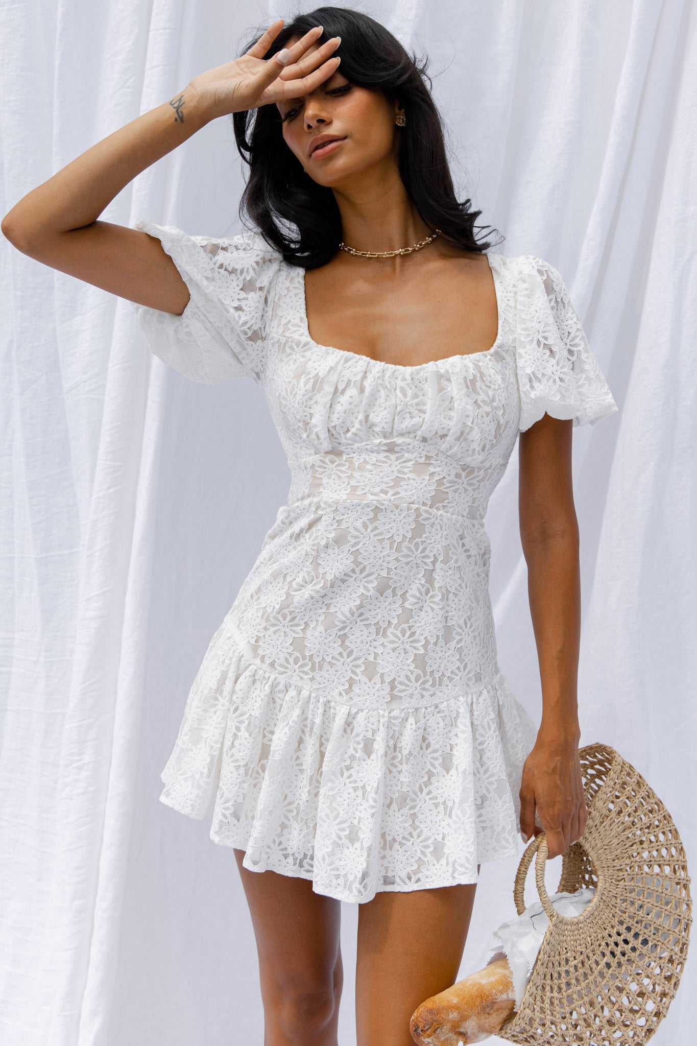 Petite Cherie Puff Sleeve Lace-Up Back Dress Lace White-Maymioy