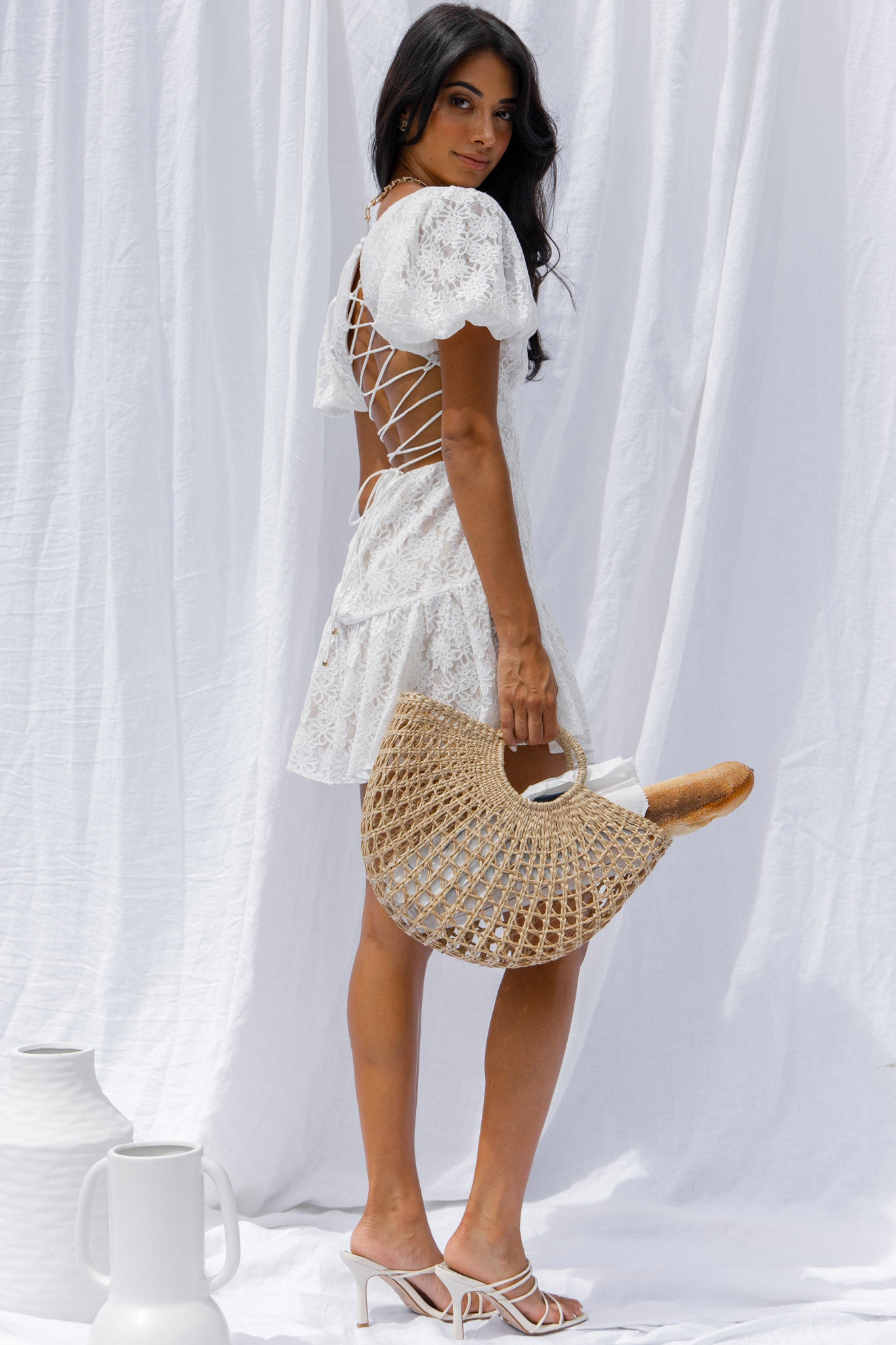 Petite Cherie Puff Sleeve Lace-Up Back Dress Lace White-Maymioy
