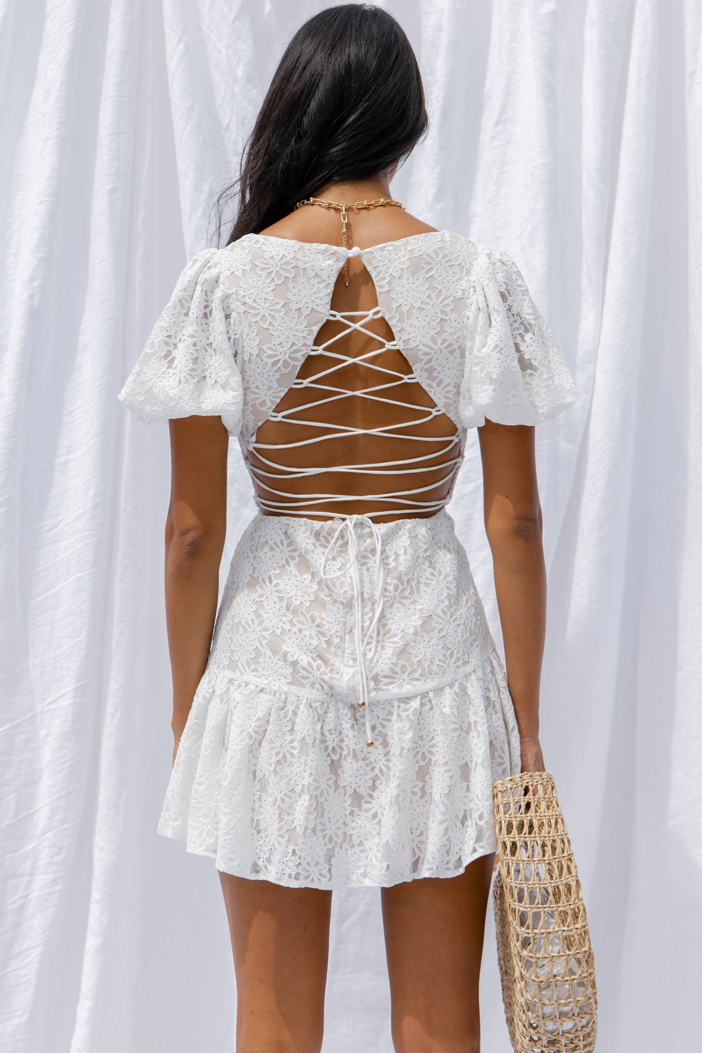 Petite Cherie Puff Sleeve Lace-Up Back Dress Lace White-Maymioy