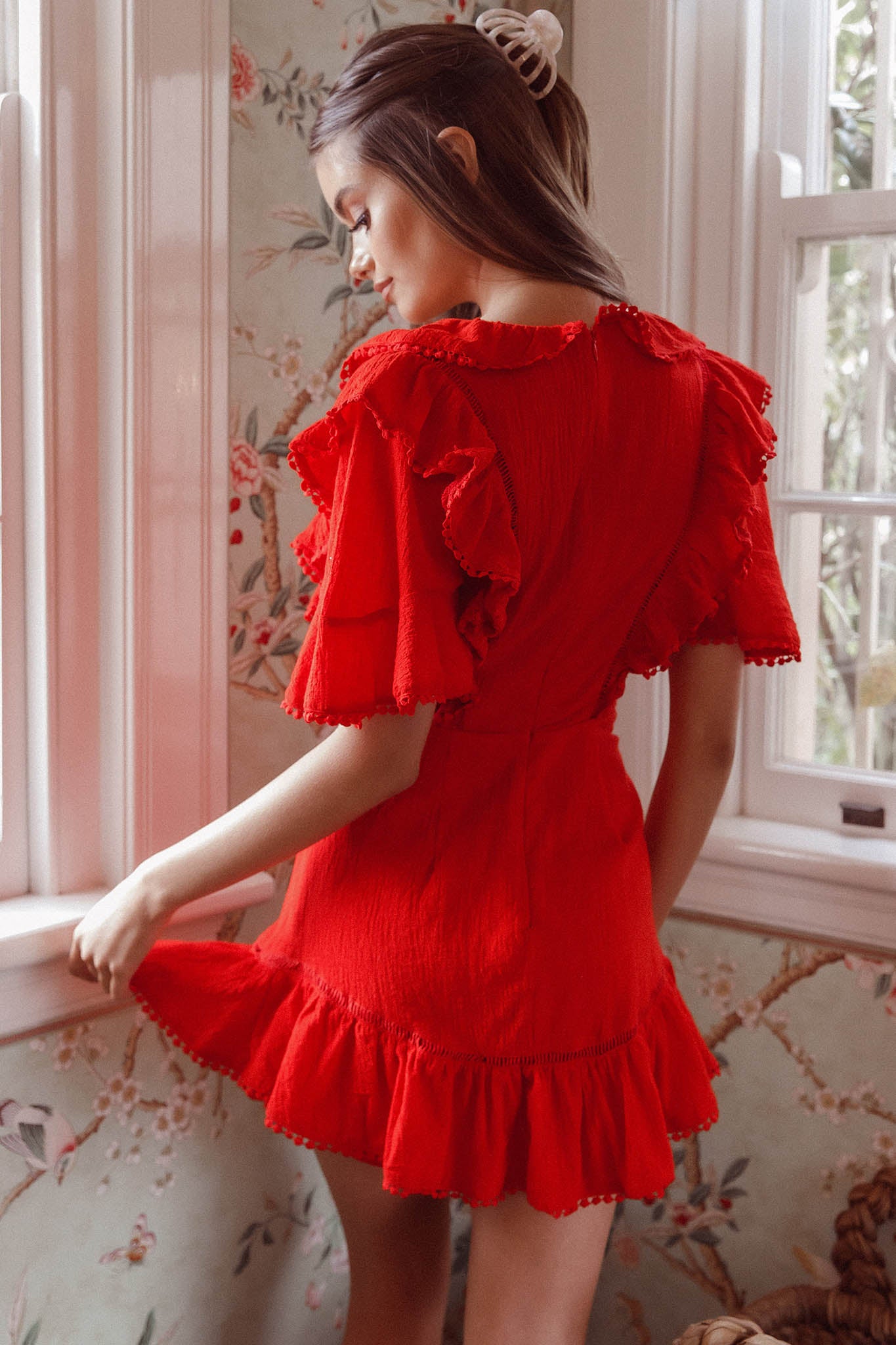 Shay Ruffle Lace Trim Mini Dress Red-Maymioy