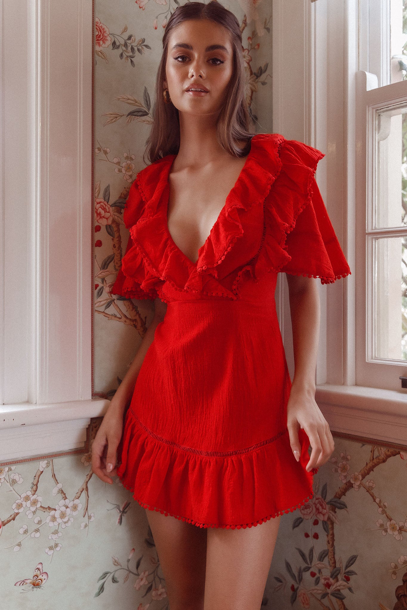 Shay Ruffle Lace Trim Mini Dress Red-Maymioy