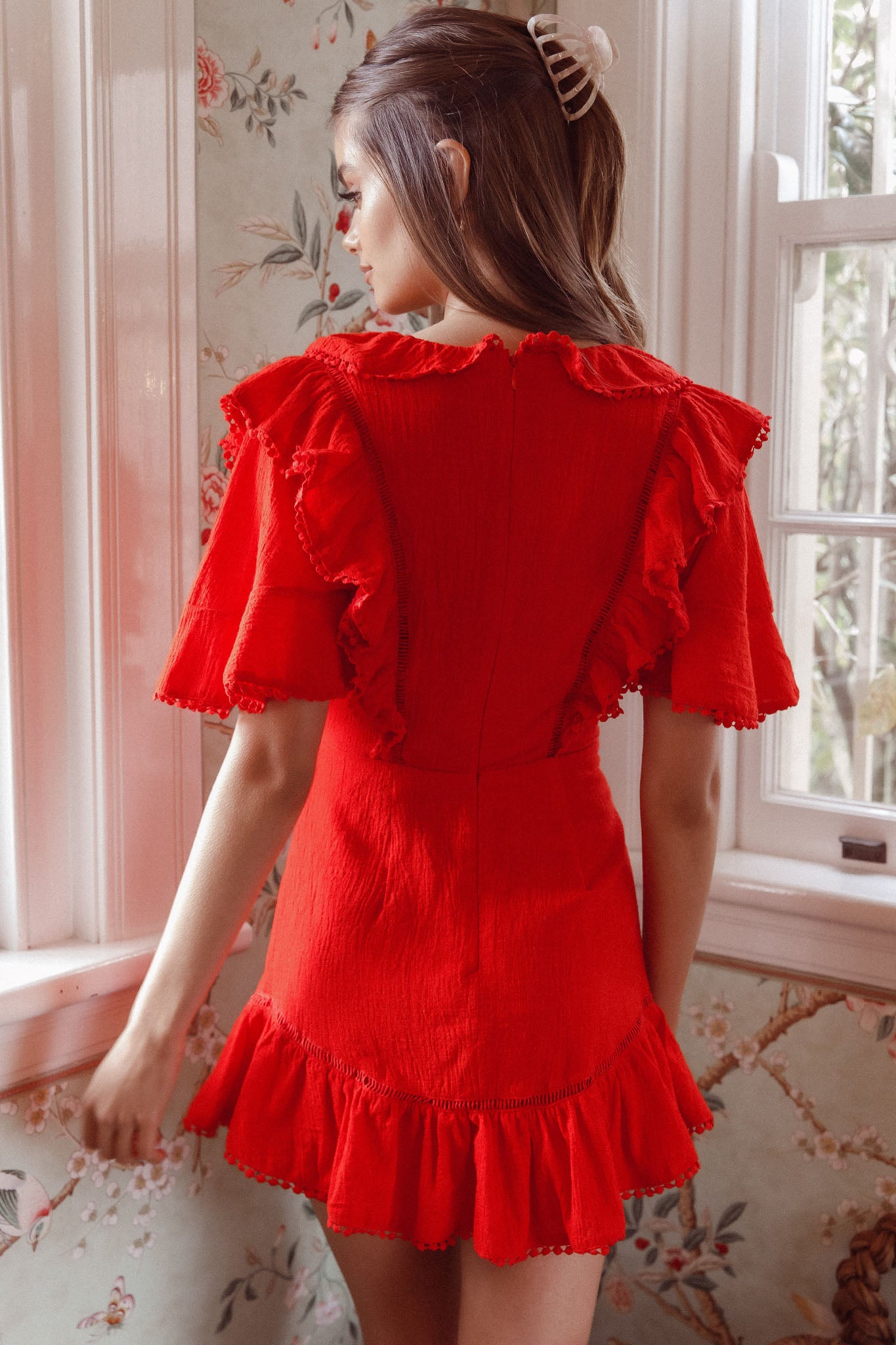 Shay Ruffle Lace Trim Mini Dress Red-Maymioy