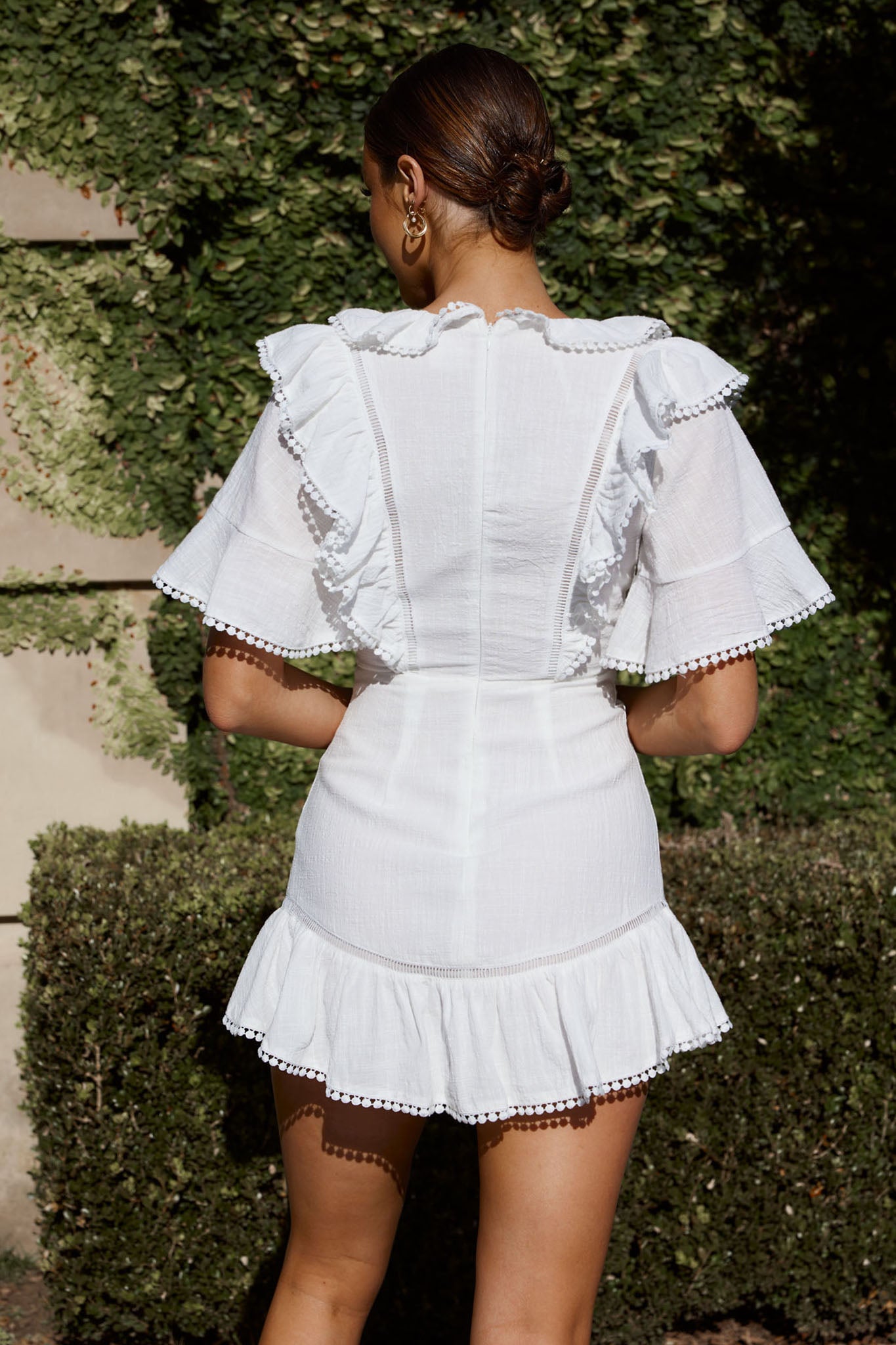 Shay Ruffle Lace Trim Mini Dress White-Maymioy