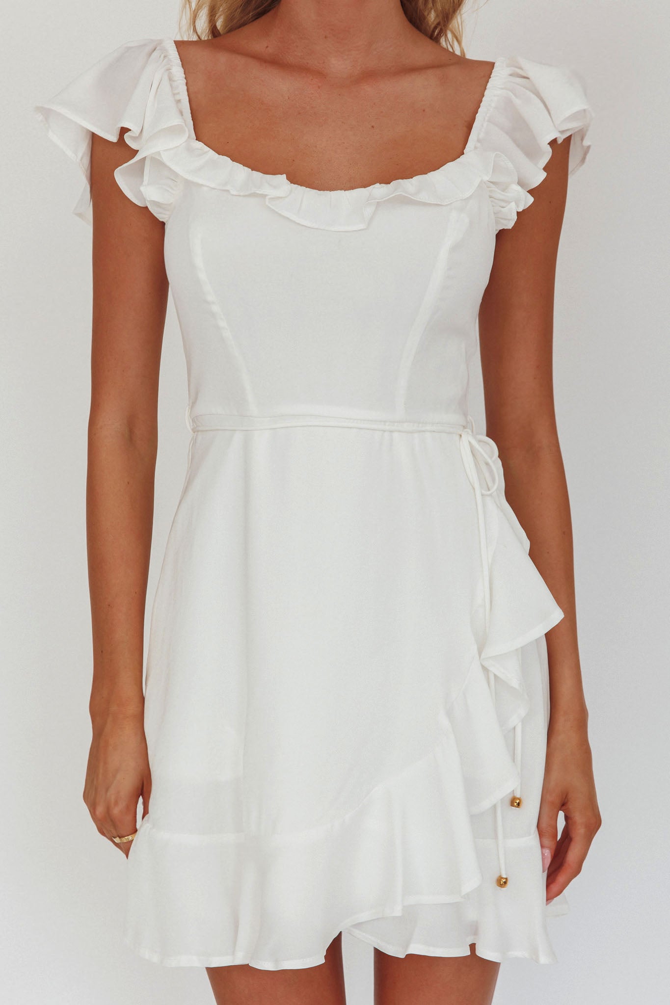 Thinkin' Bout You Ruffle Trim Waist-Tie Dress White-Maymioy