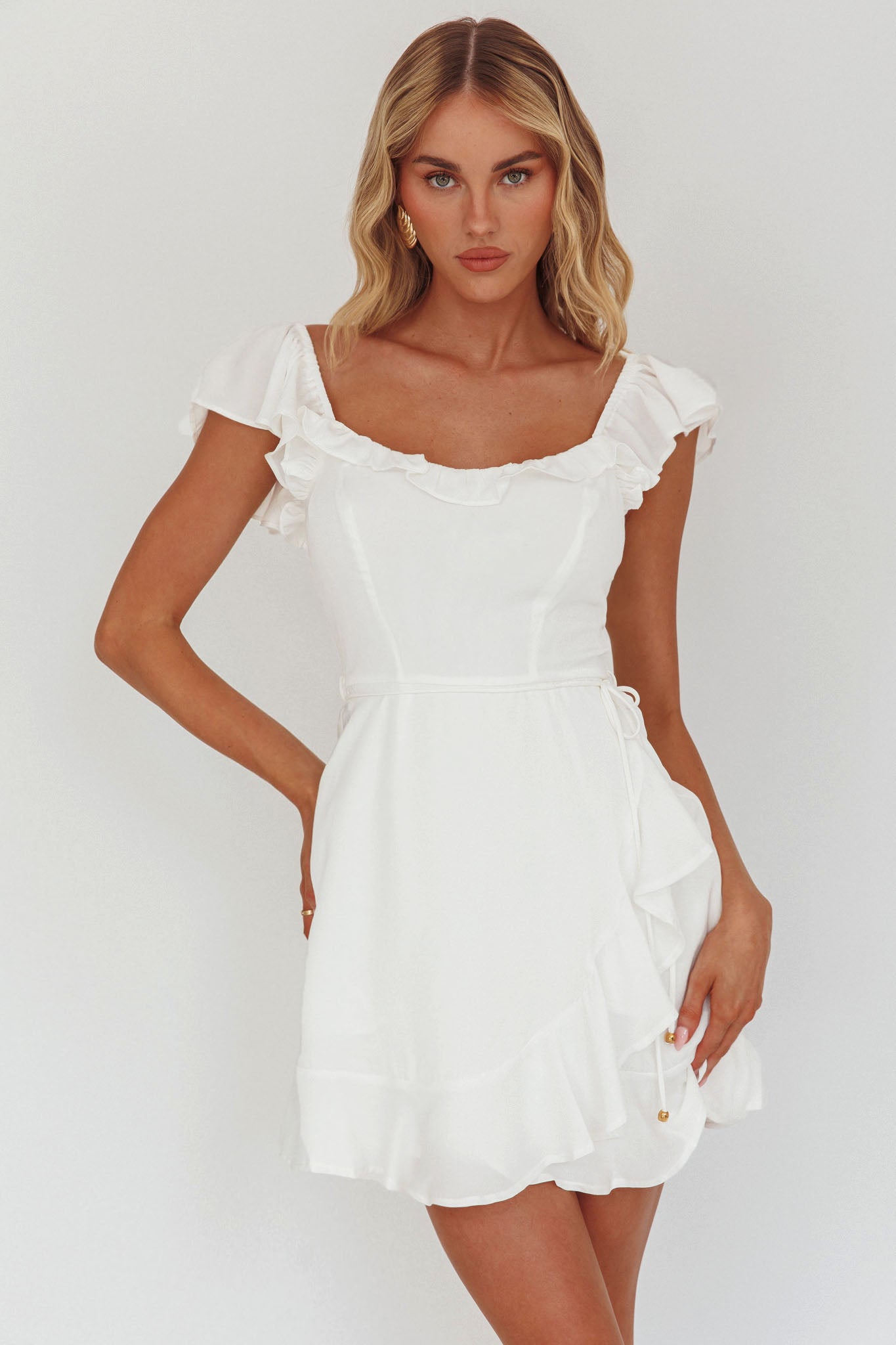 Thinkin' Bout You Ruffle Trim Waist-Tie Dress White-Maymioy