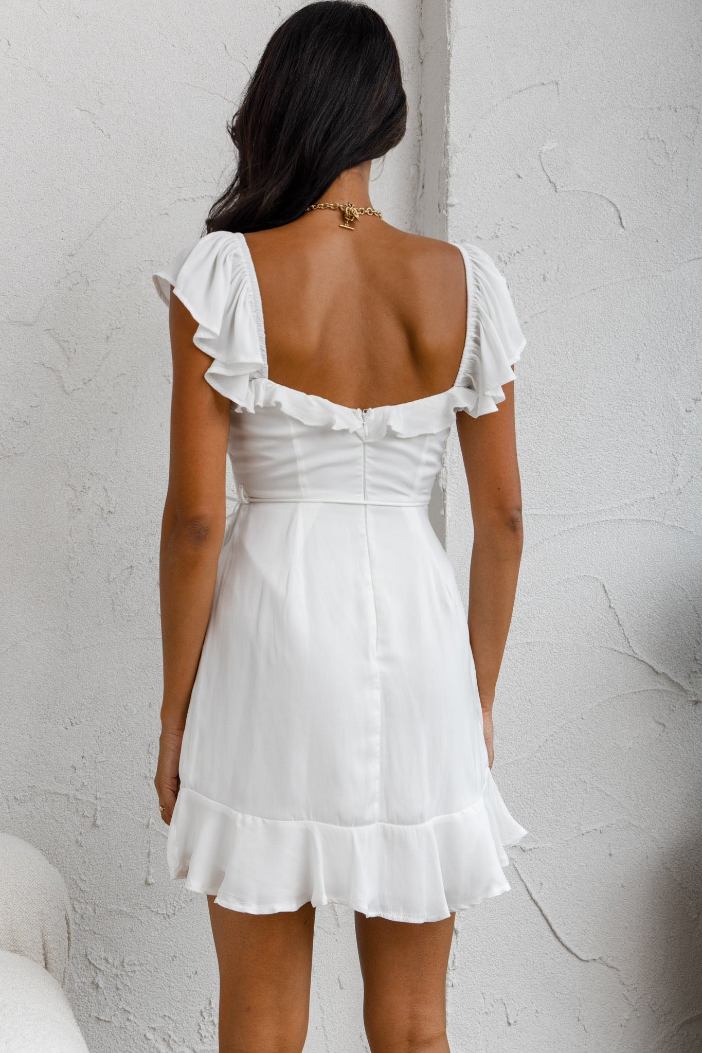 Thinkin' Bout You Ruffle Trim Waist-Tie Dress White-Maymioy