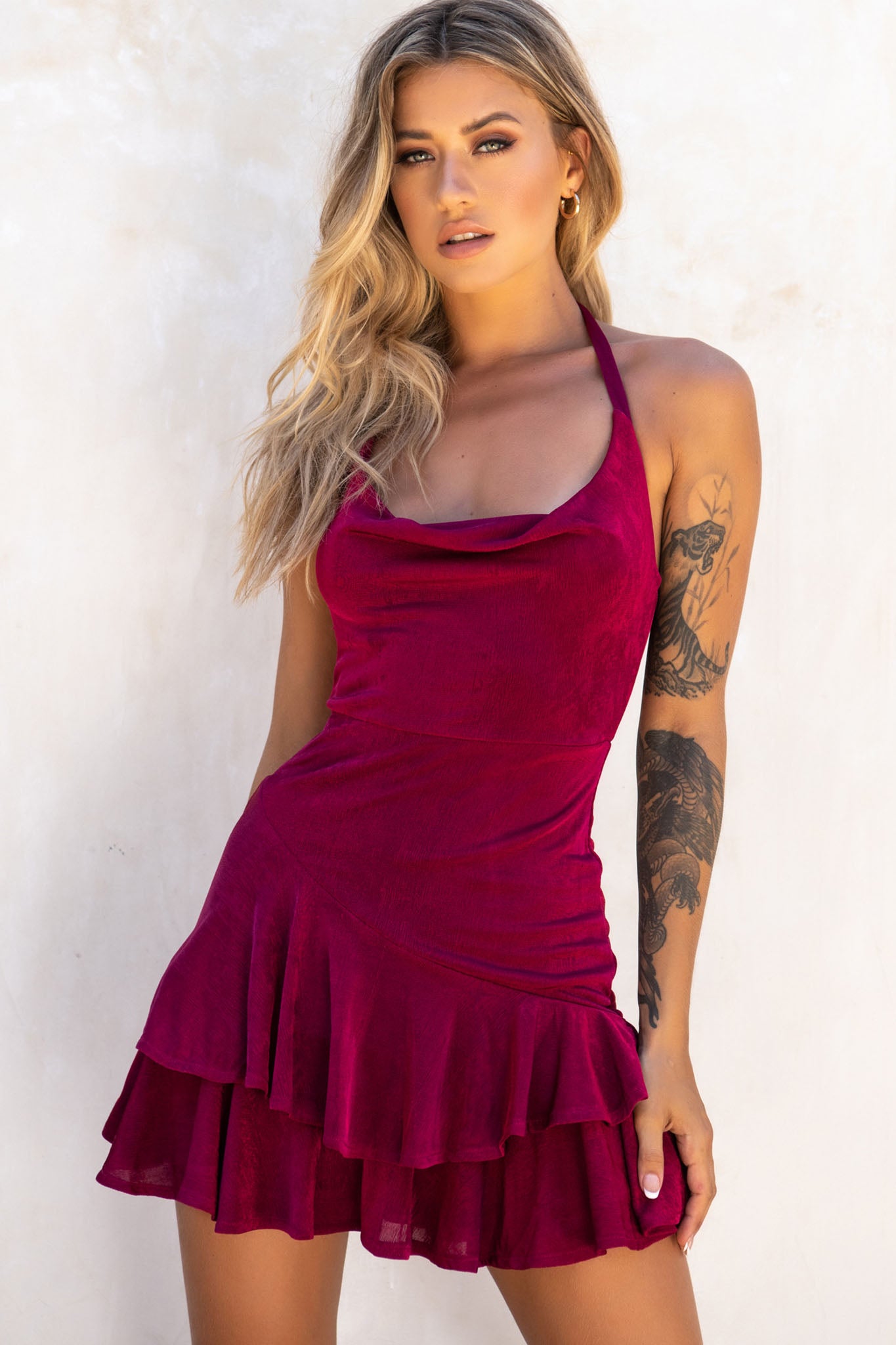 Bring On The Night Cowl Halterneck Dress Plum-Maymioy