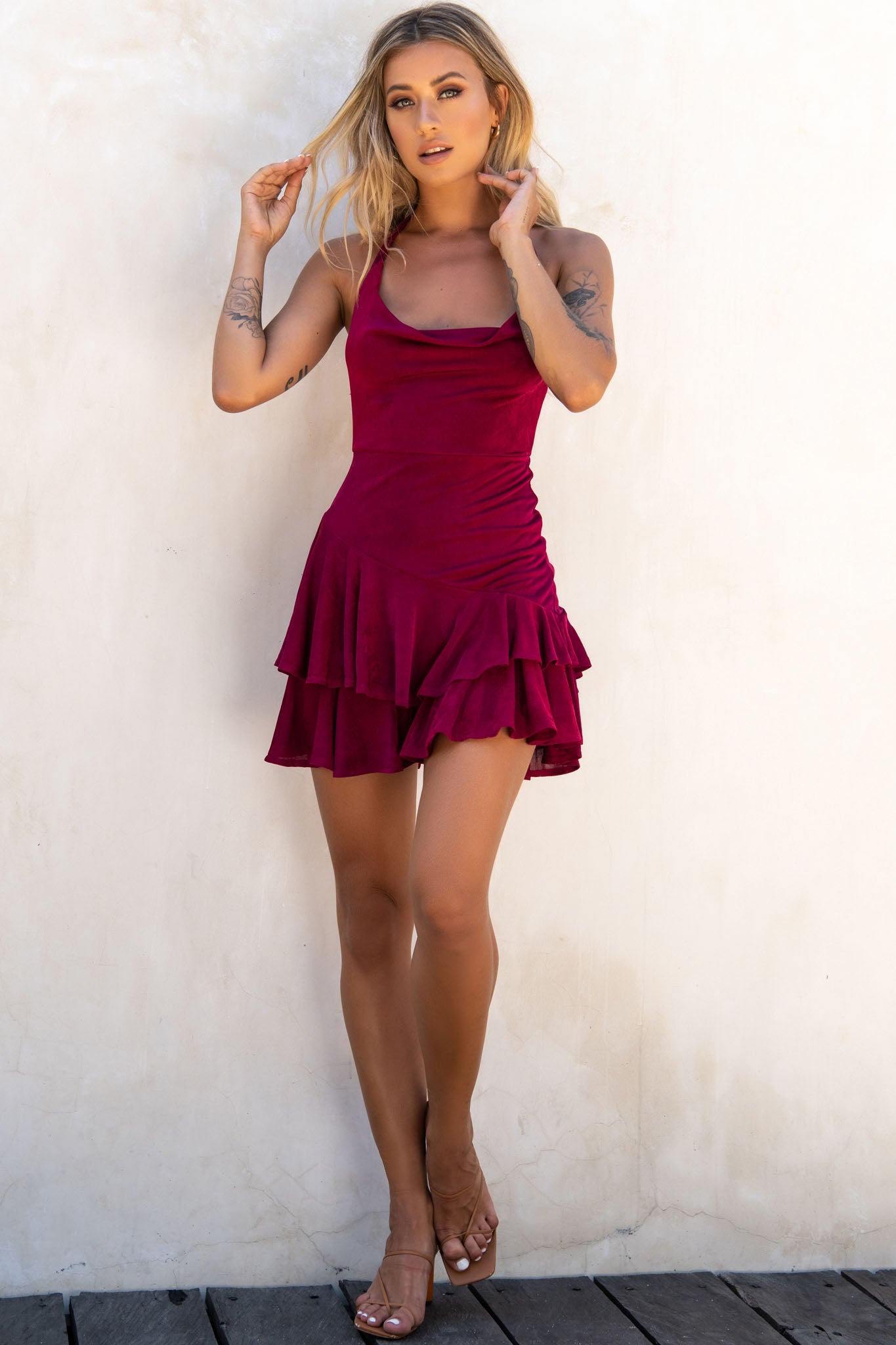 Bring On The Night Cowl Halterneck Dress Plum-Maymioy