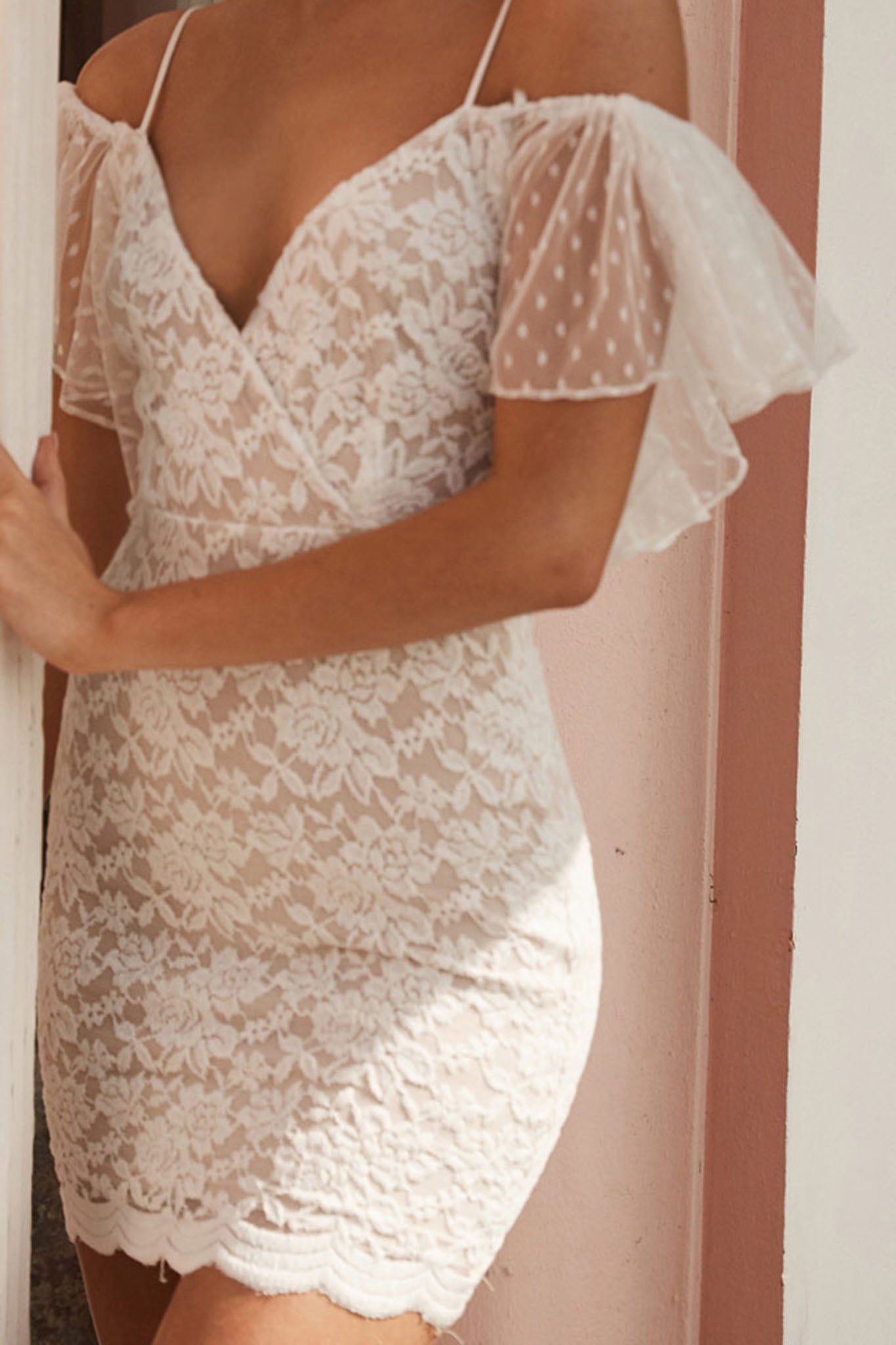 Maribel Hail Spot Sleeve Lace-Up Back Lace Mini Dress White-Maymioy
