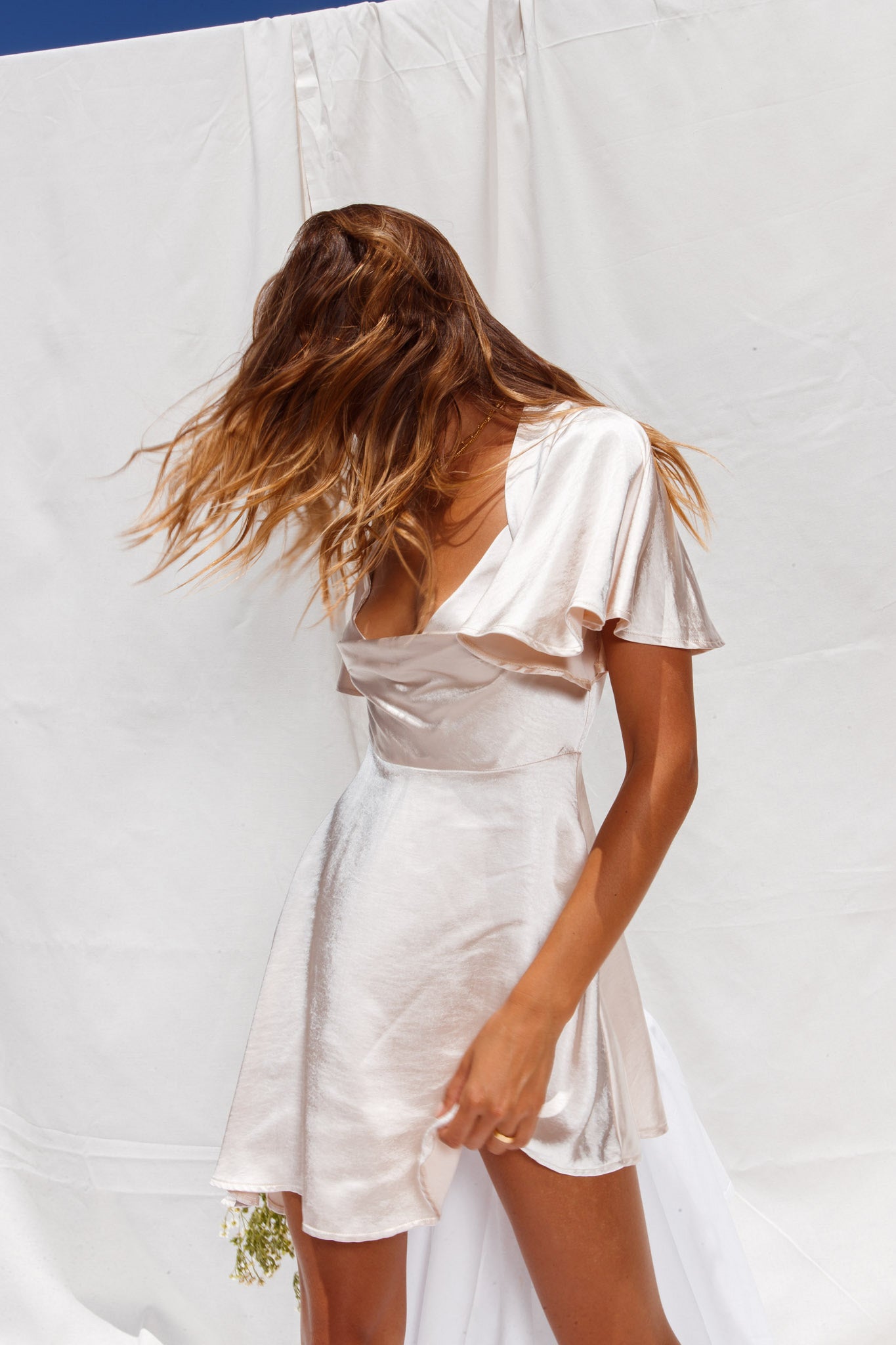 Sydney Angel Sleeve Cowl Neck Satin Dress Champagne-Maymioy