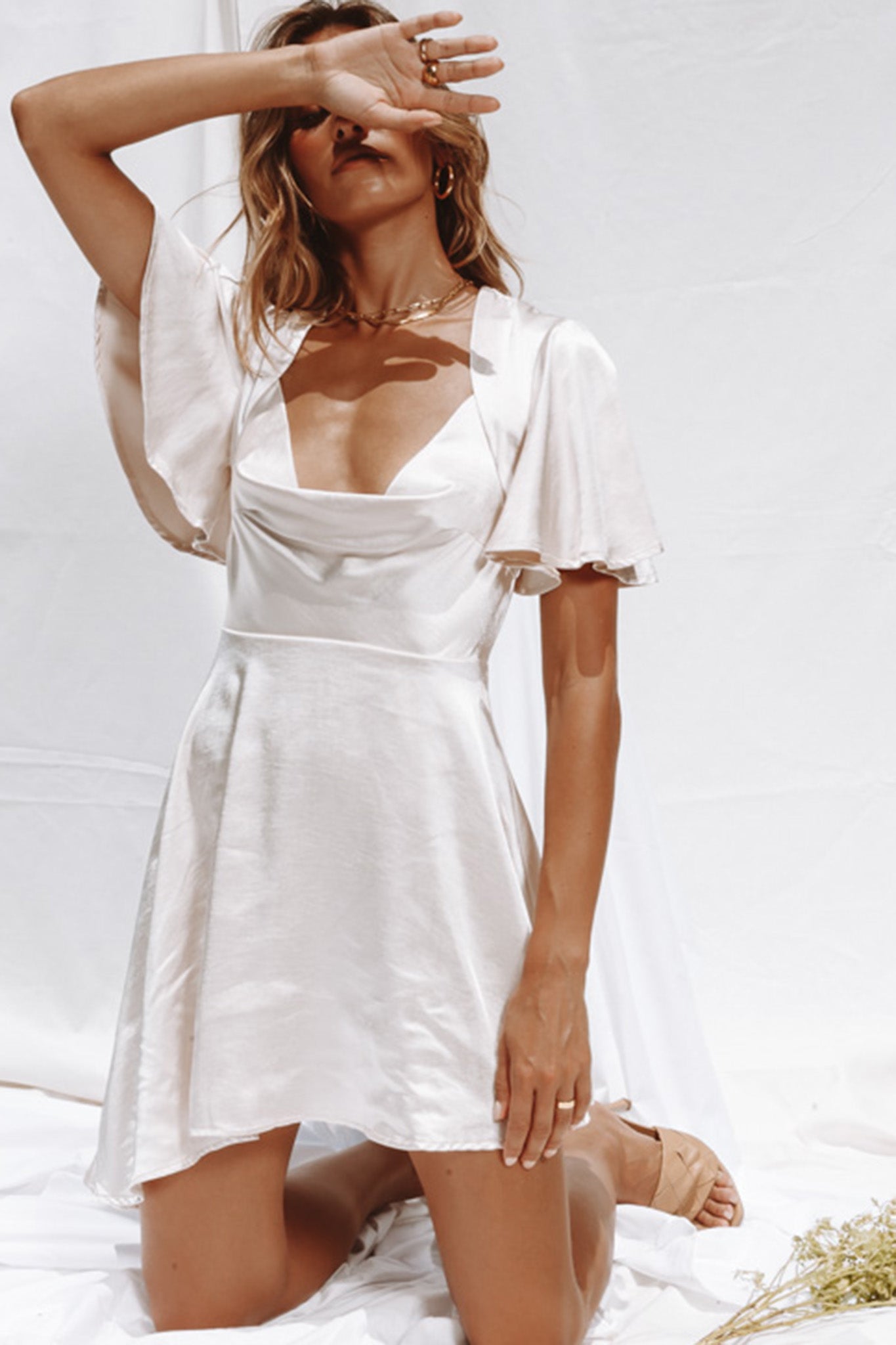 Sydney Angel Sleeve Cowl Neck Satin Dress Champagne-Maymioy