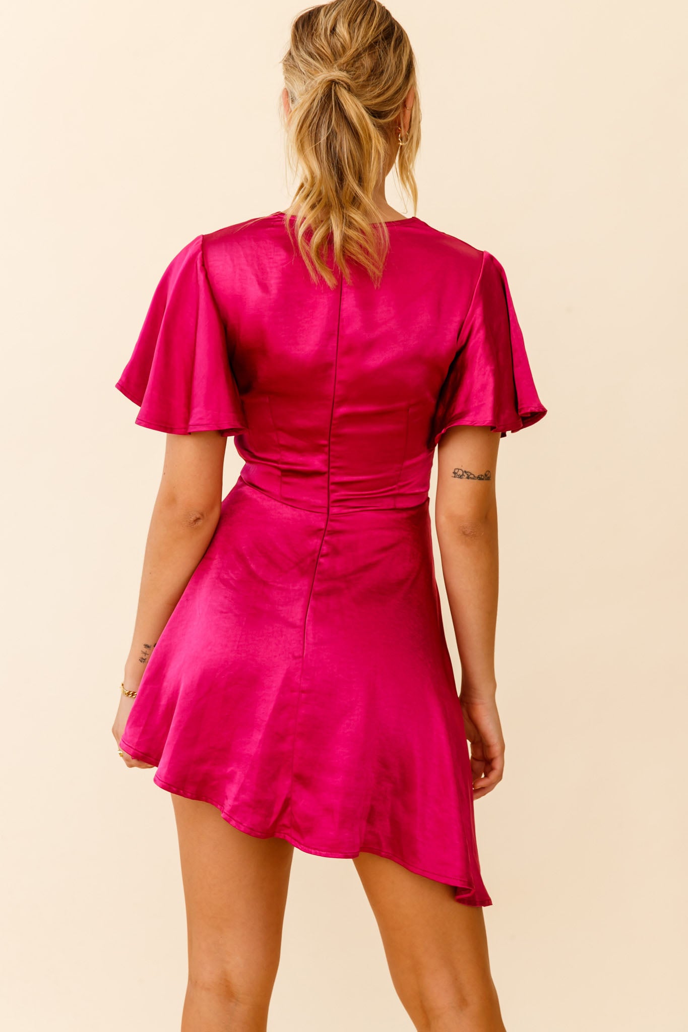 Sydney Angel Sleeve Cowl Neck Satin Dress Plum-Maymioy