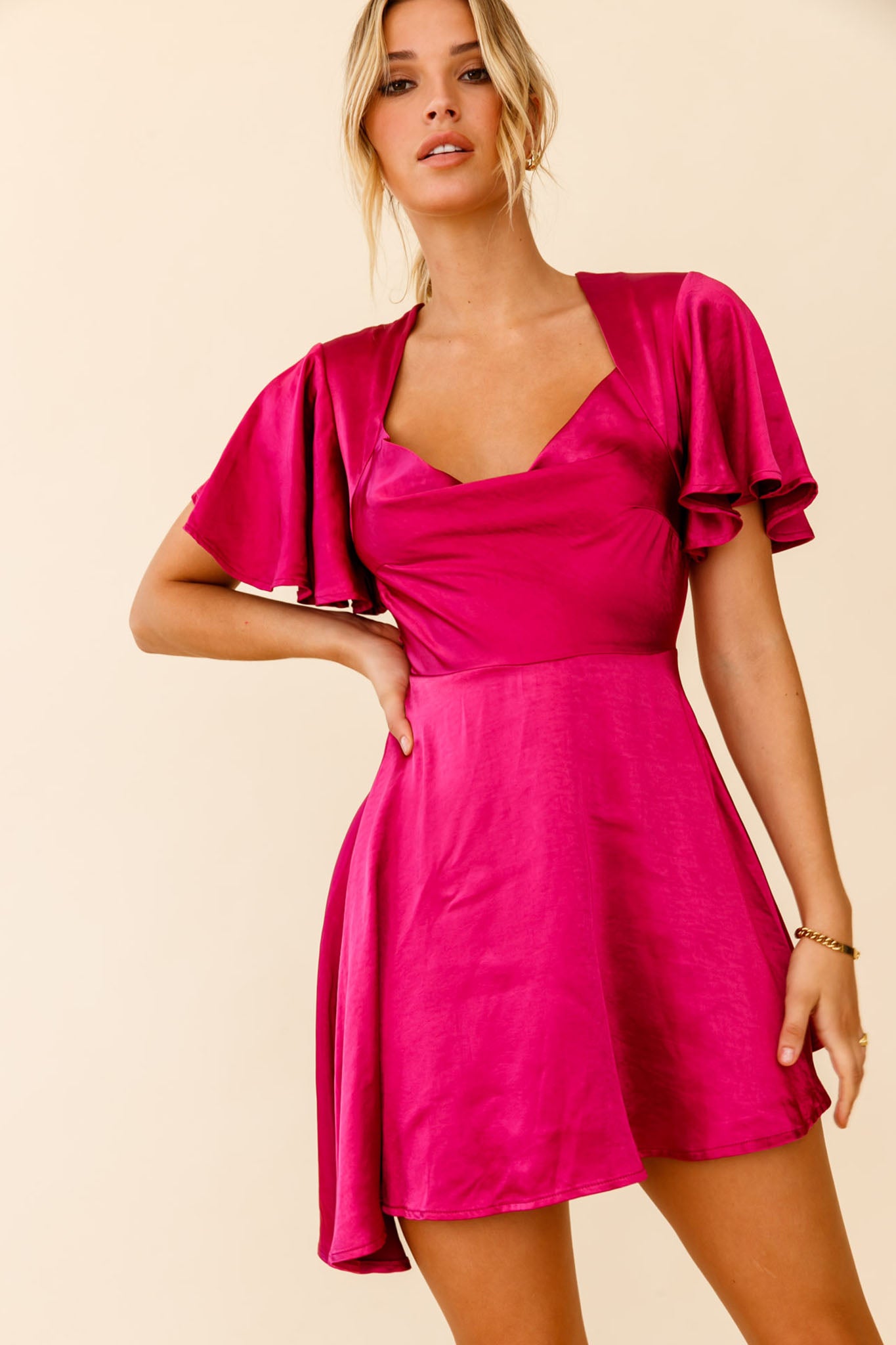 Sydney Angel Sleeve Cowl Neck Satin Dress Plum-Maymioy