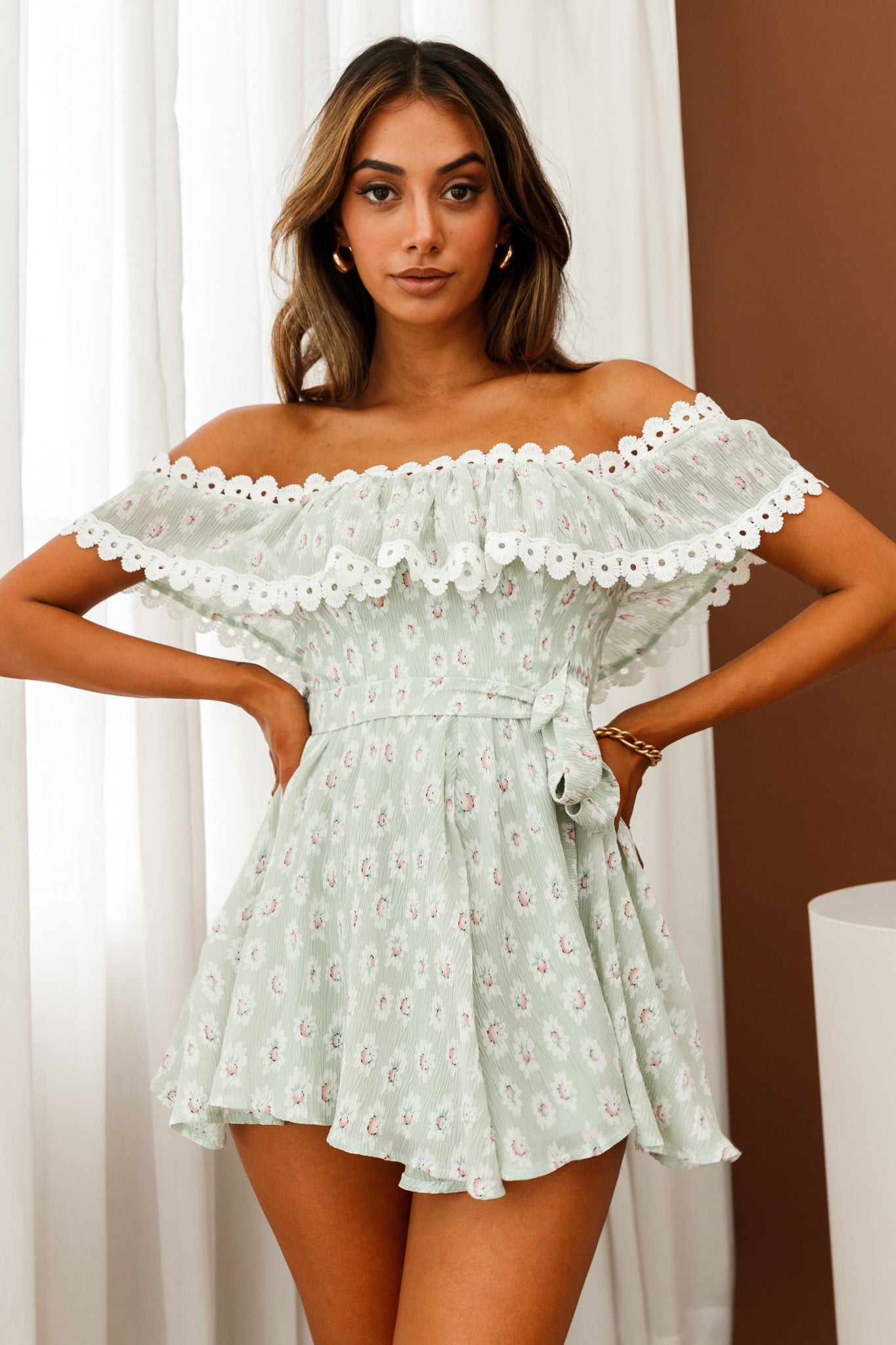 Jalisco Off-Shoulder Waist Tie Romper Floral Print Sage/White-Maymioy