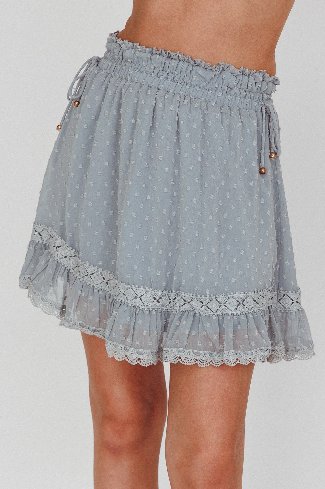 Louella Elasticated Waist Lace Trim Skirt Sage-Maymioy