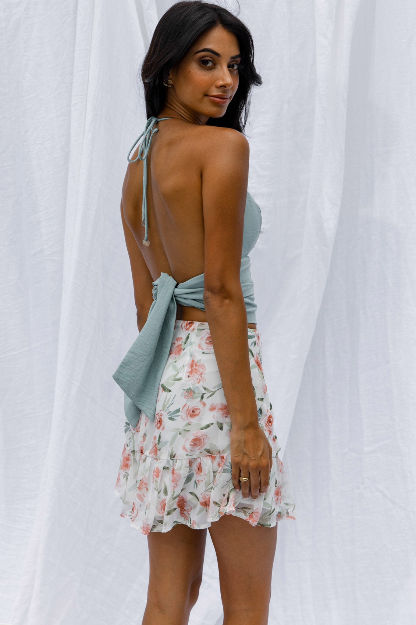 Starshine Halterneck Waist Tie Crop Top Hot Sage-Maymioy