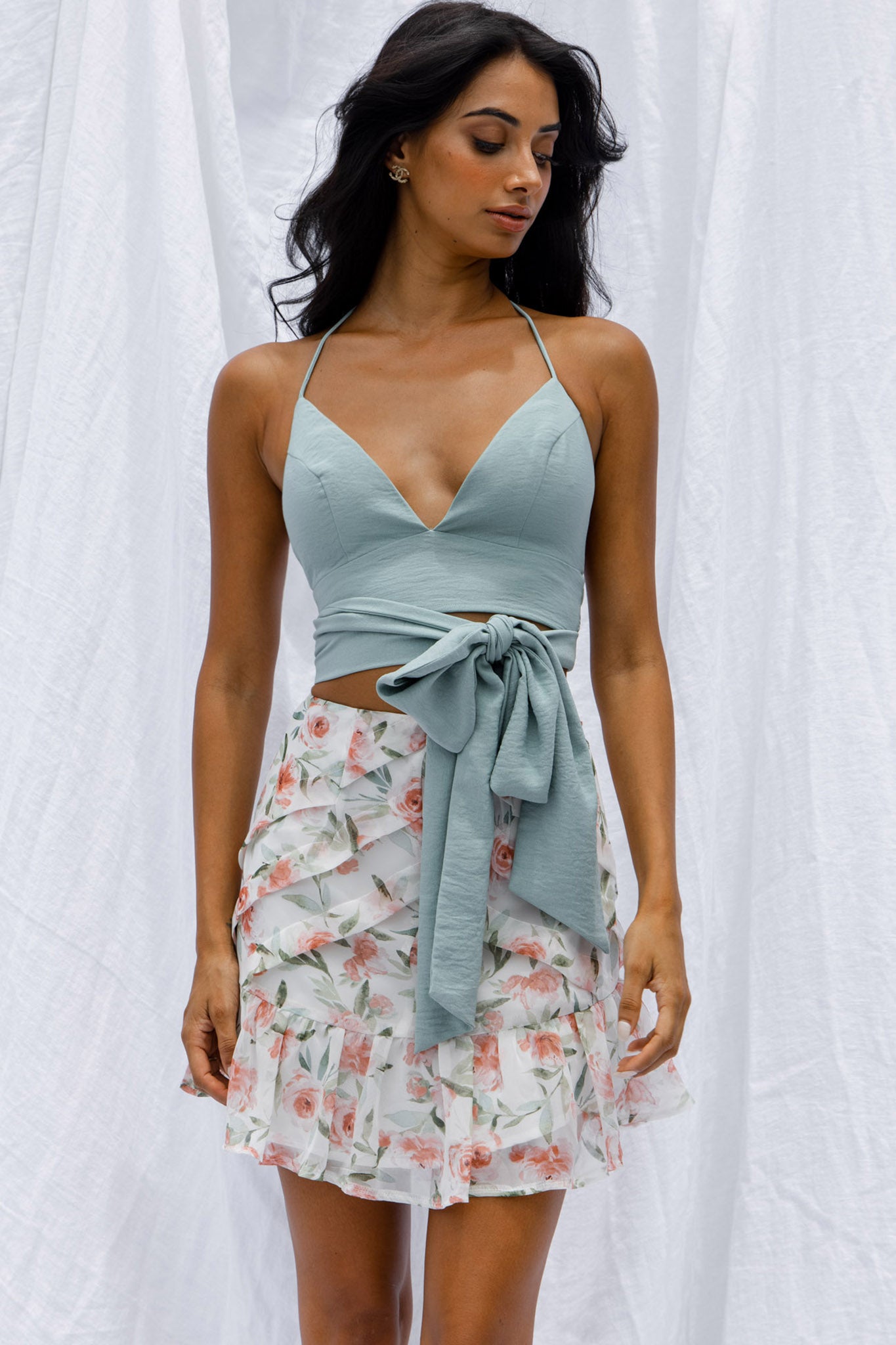Starshine Halterneck Waist Tie Crop Top Hot Sage-Maymioy