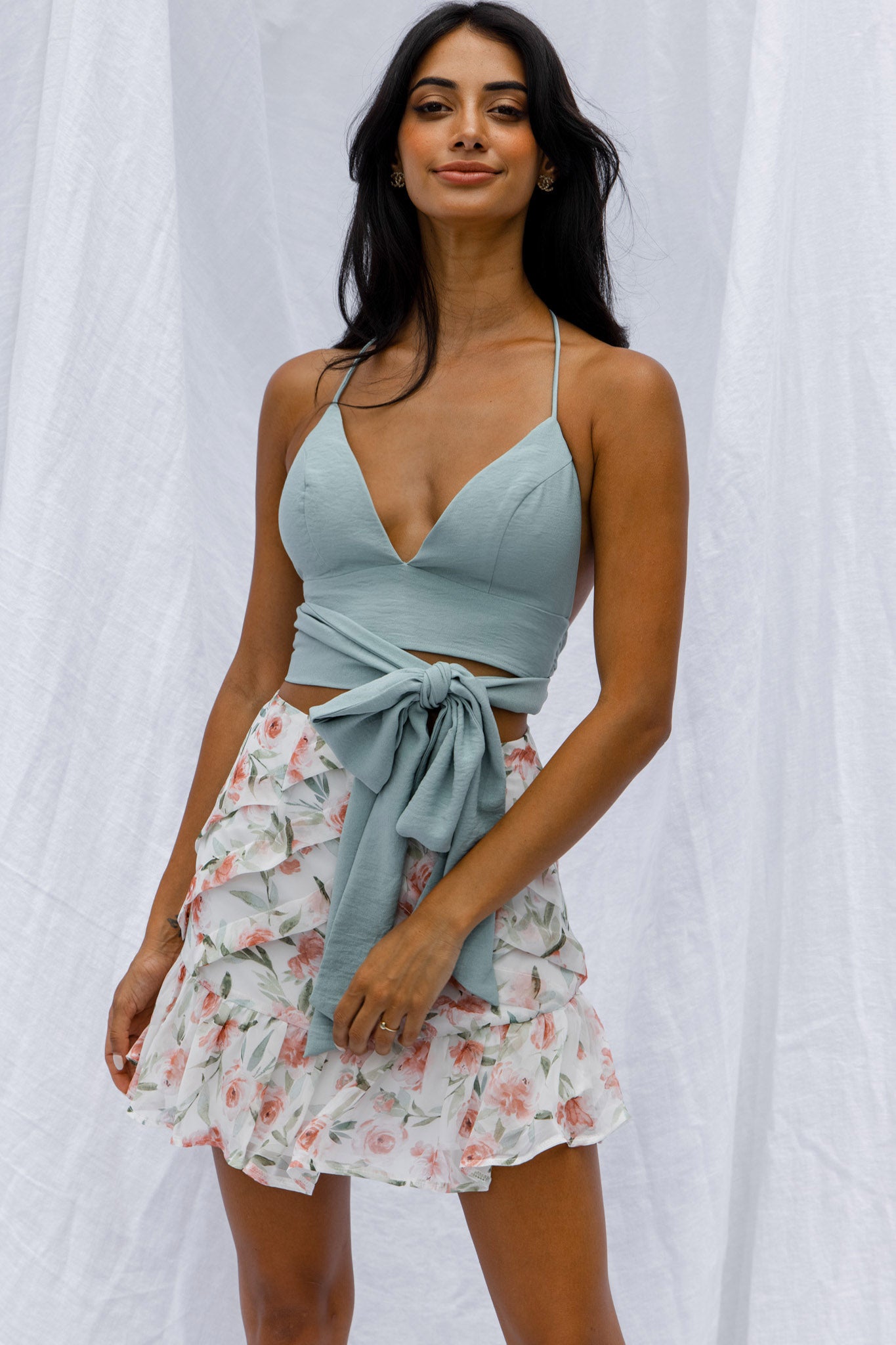 Starshine Halterneck Waist Tie Crop Top Hot Sage-Maymioy