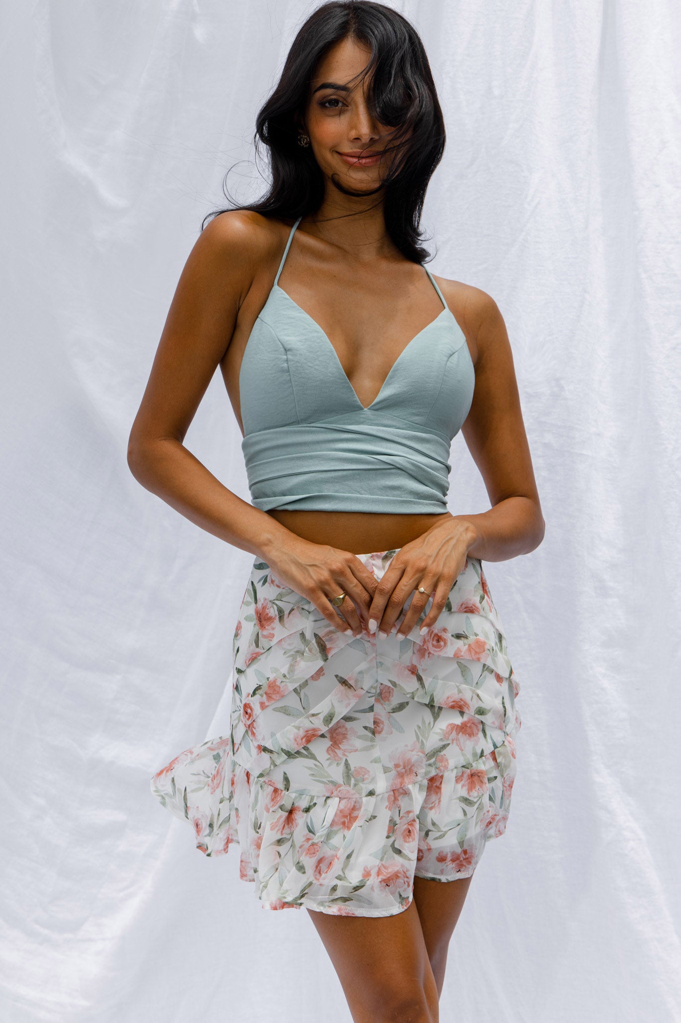 Starshine Halterneck Waist Tie Crop Top Hot Sage-Maymioy