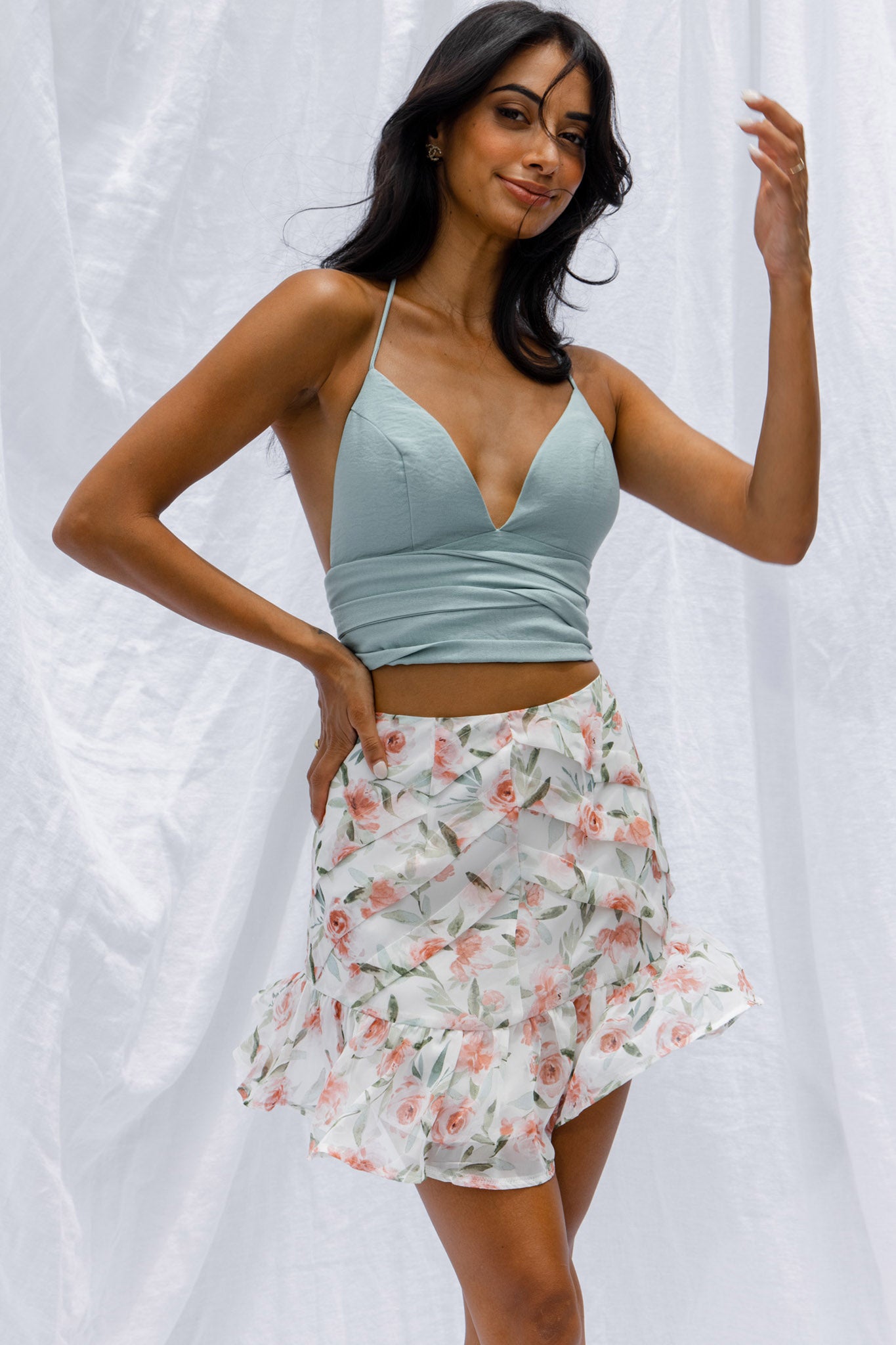 Starshine Halterneck Waist Tie Crop Top Hot Sage-Maymioy