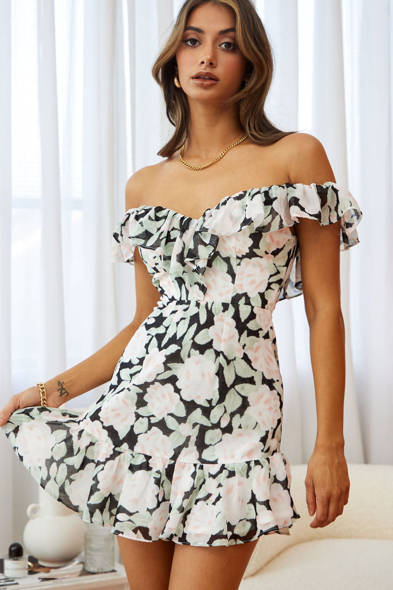 Sweet Melody Sweetheart Neckline Off-Shoulder Dress Floral Print Black/Nude-Maymioy