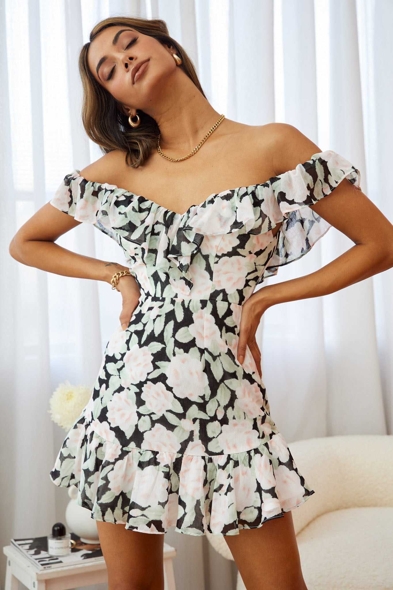 Sweet Melody Sweetheart Neckline Off-Shoulder Dress Floral Print Black/Nude-Maymioy