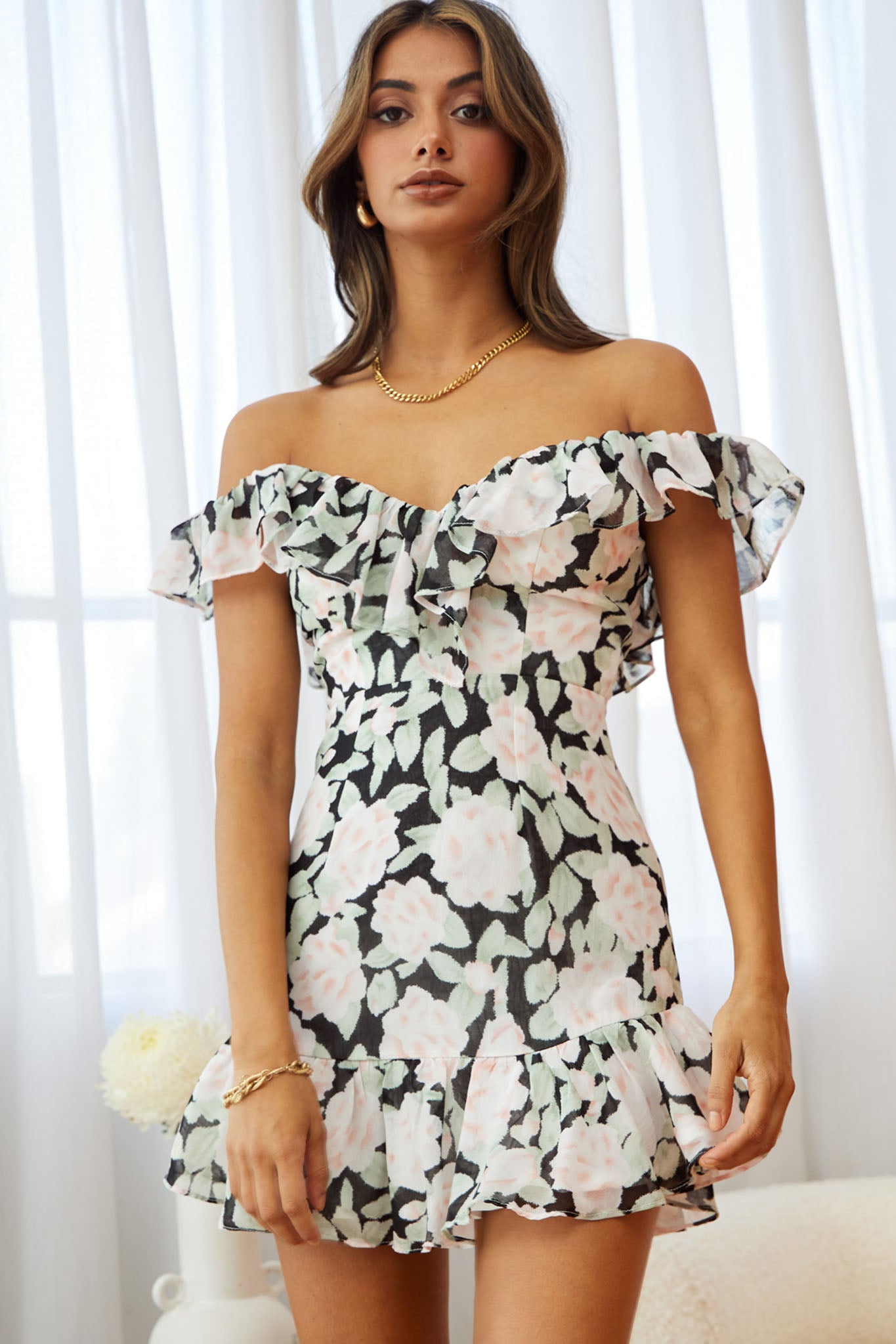 Sweet Melody Sweetheart Neckline Off-Shoulder Dress Floral Print Black/Nude-Maymioy