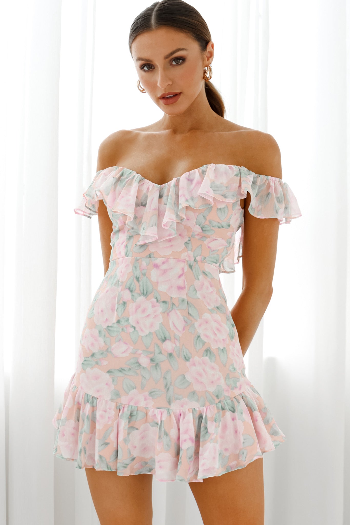 Sweet Melody Sweetheart Neckline Off-Shoulder Dress Floral Print Nude/Pink-Maymioy